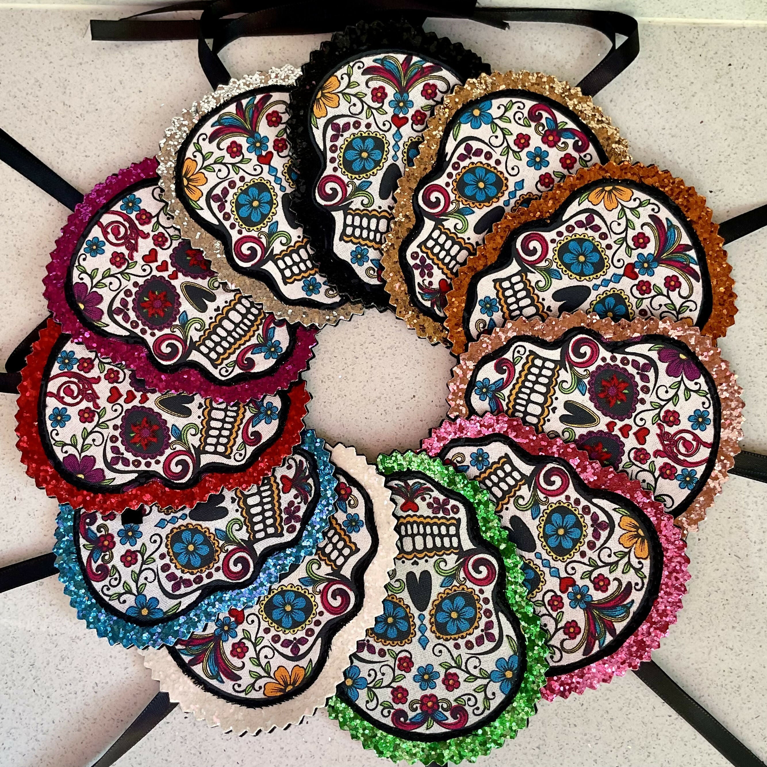 Sugar Skull Gift Tags With Glitter, Sparkly Sugar Skull Hanging Decorations, Flat Halloween