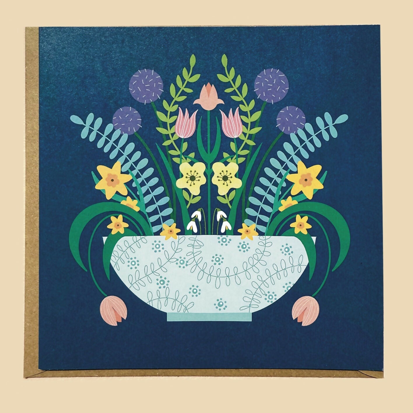 Spring Flowers (blue) Square Greetings Card