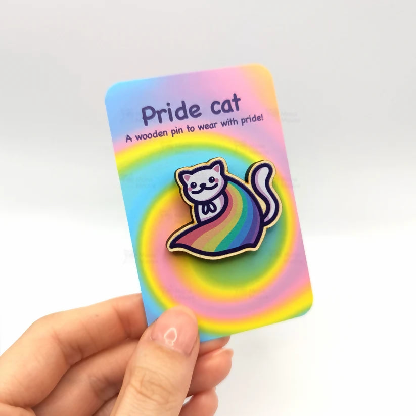 Wooden Pin Badge - Pride Cat