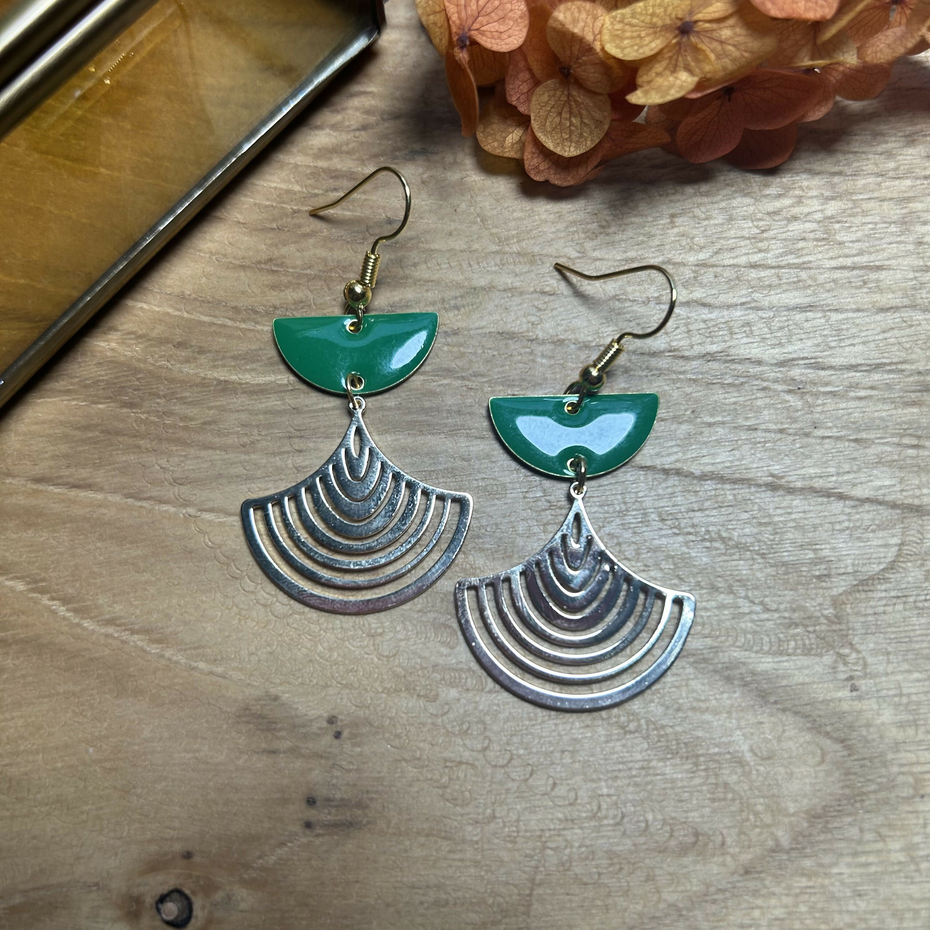 Lovely Gold Plated Green Enamel Drop Earrings