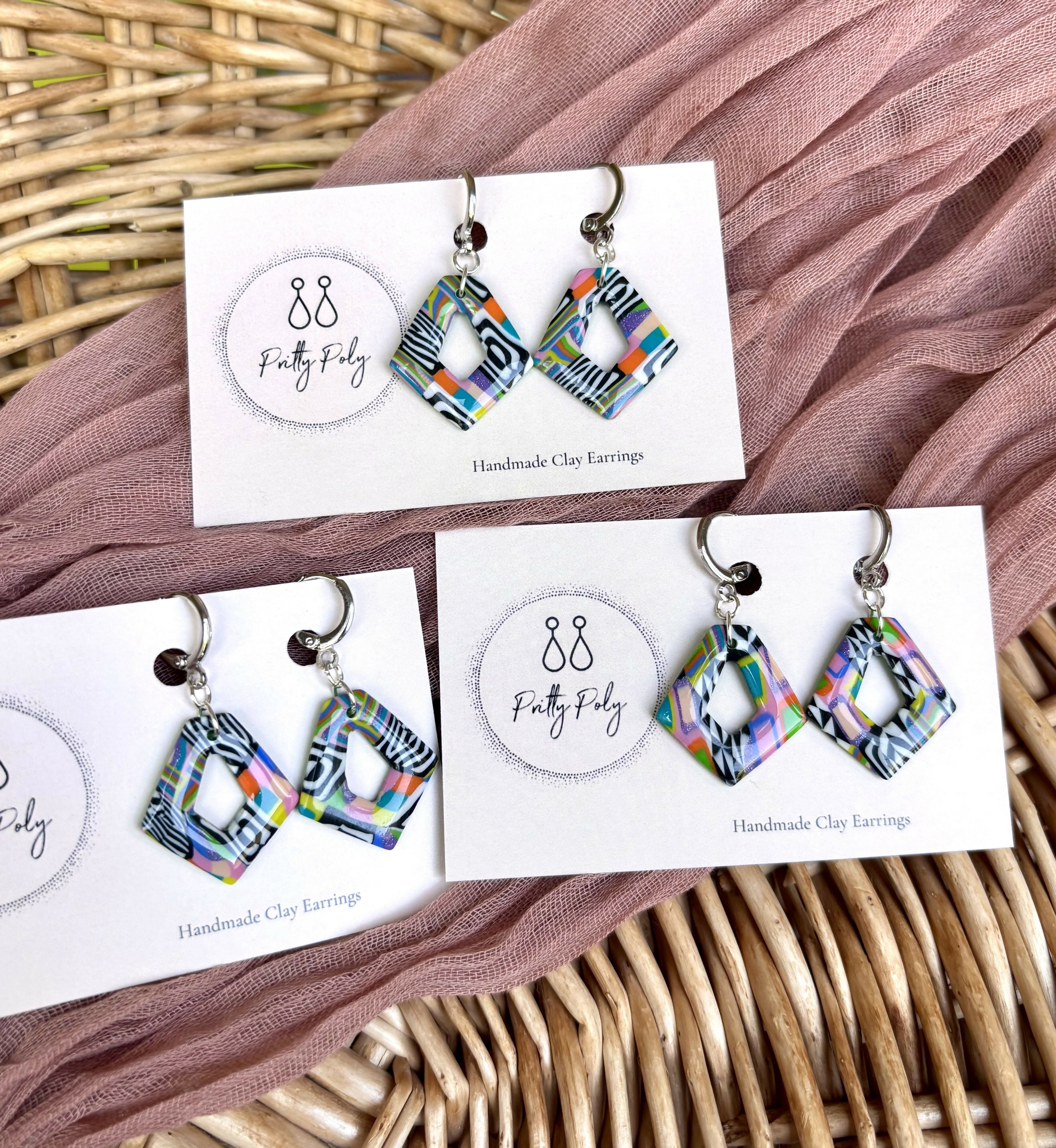 Funky Pattern Collection - Diamond Polymer Clay Earrings Huggie Hoops