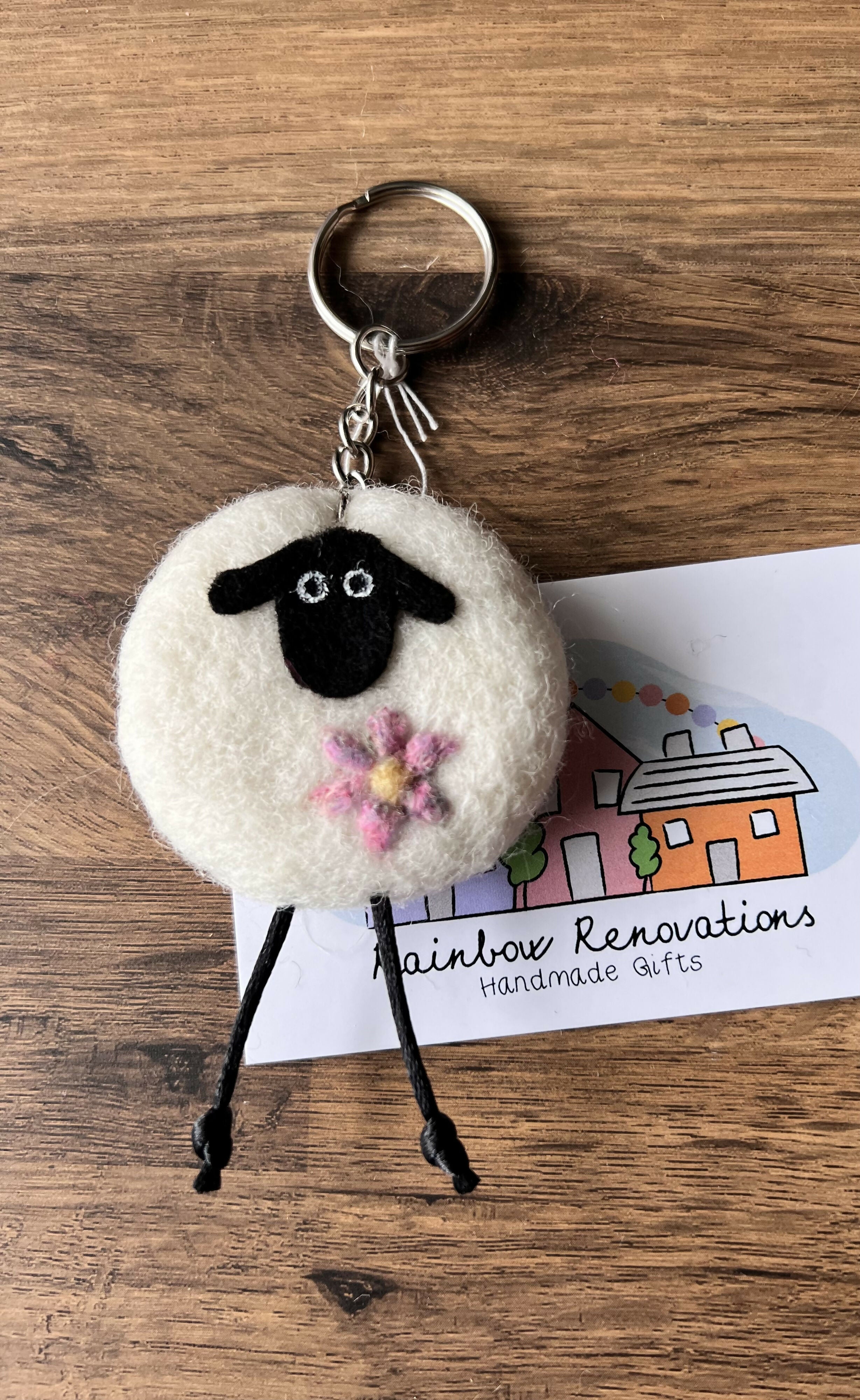 Felted Sheep with Flower Keyring