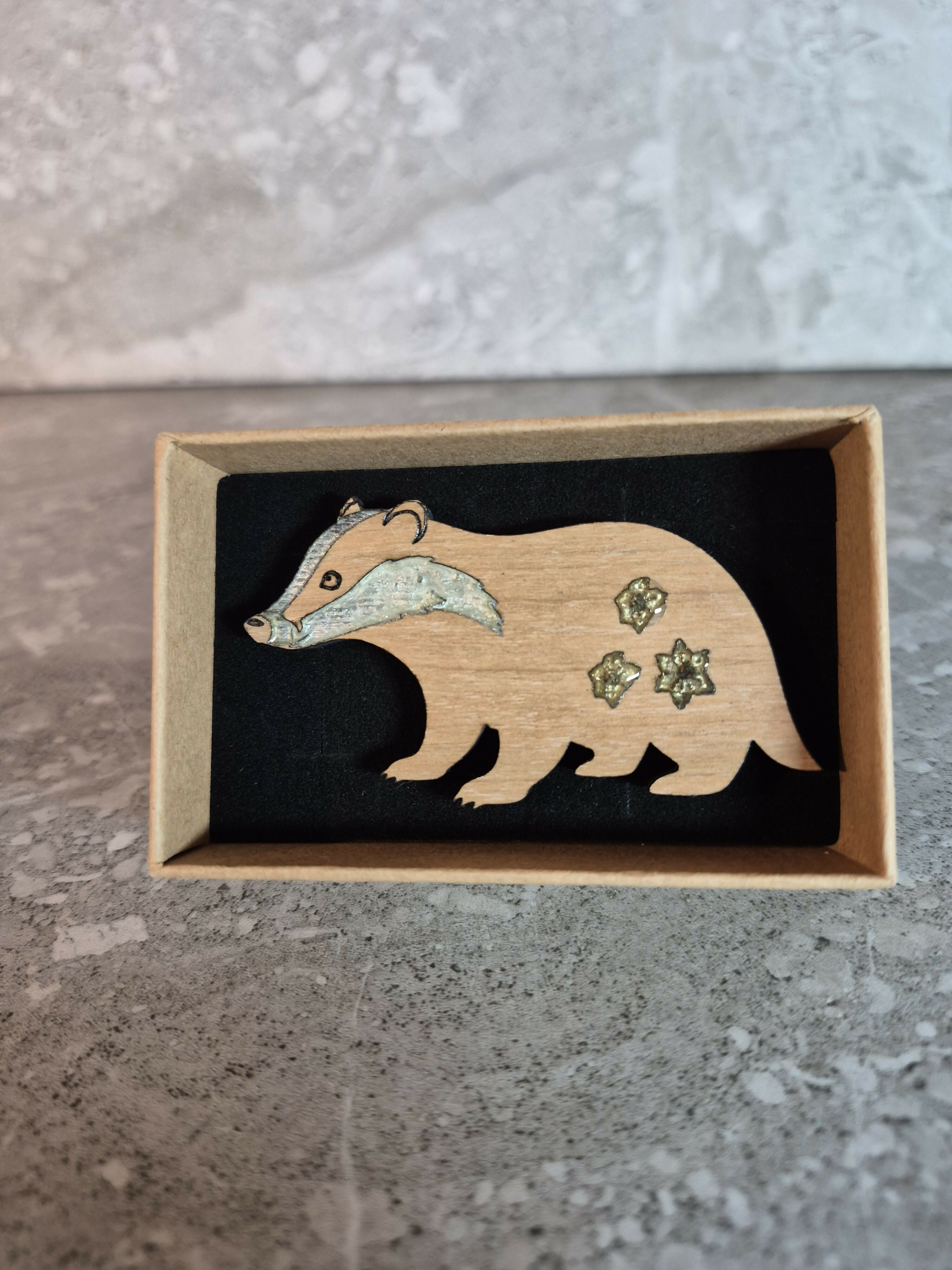 Handcrafted Cherry Veneered Badger Pin