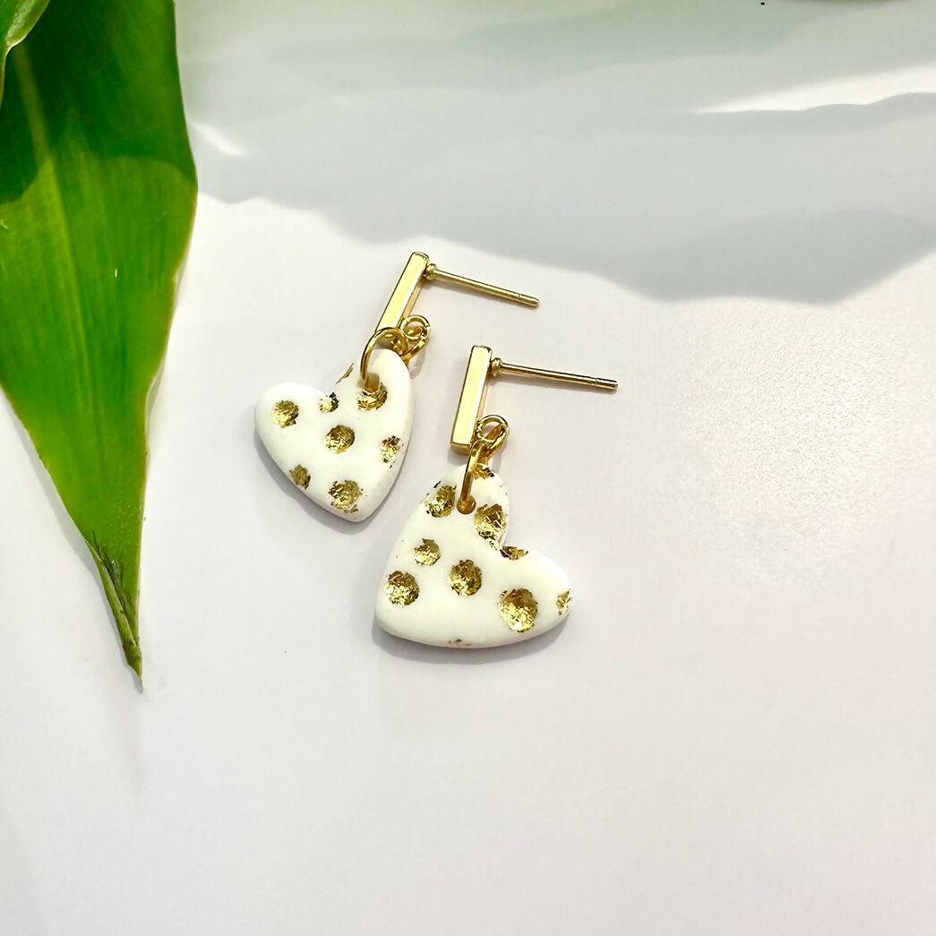 White and Gold Heart Dangle Earrings - Handmade Polymer Clay - Polly Plant