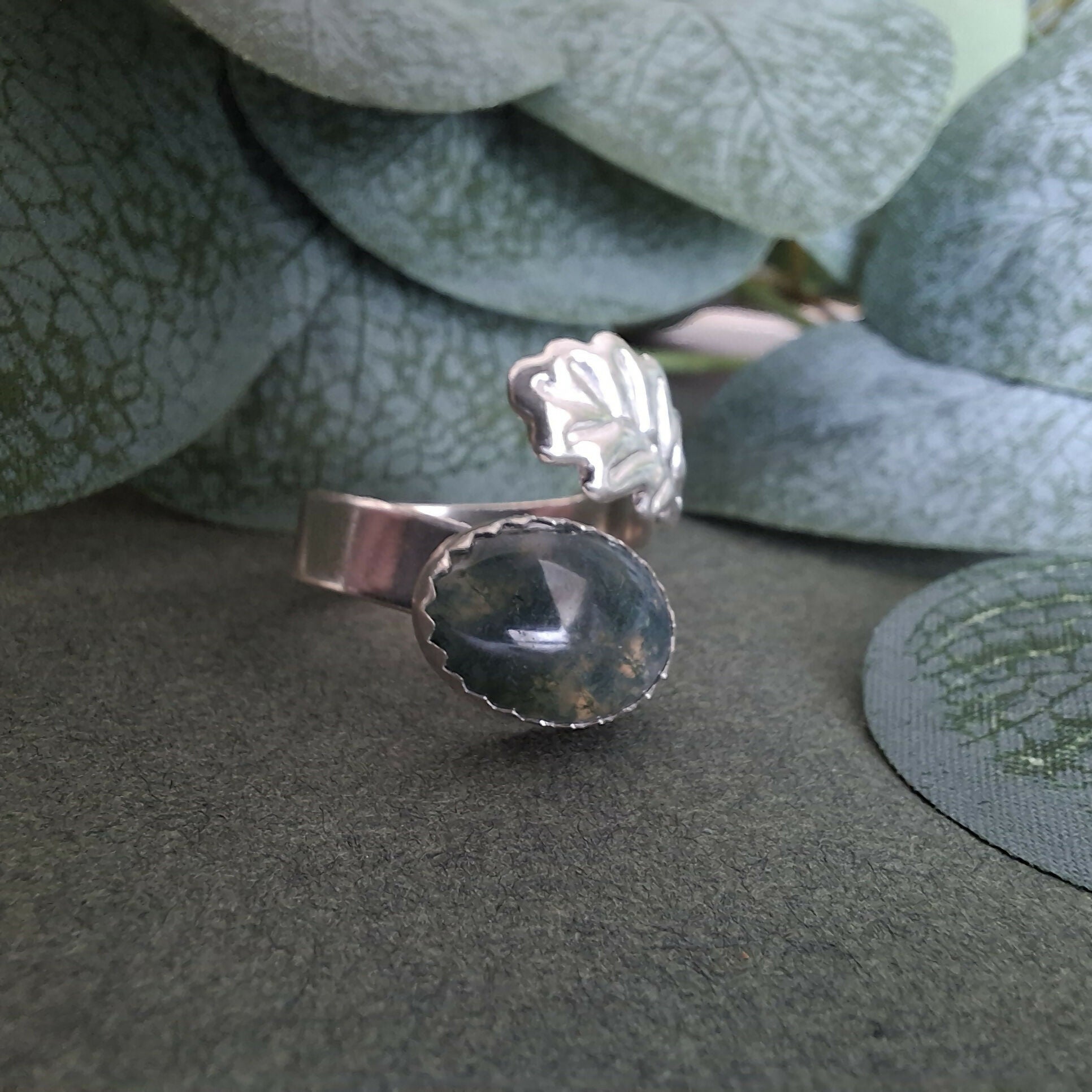 Handmade Adjustable Silver Oak Ring Moss Agate Size R½