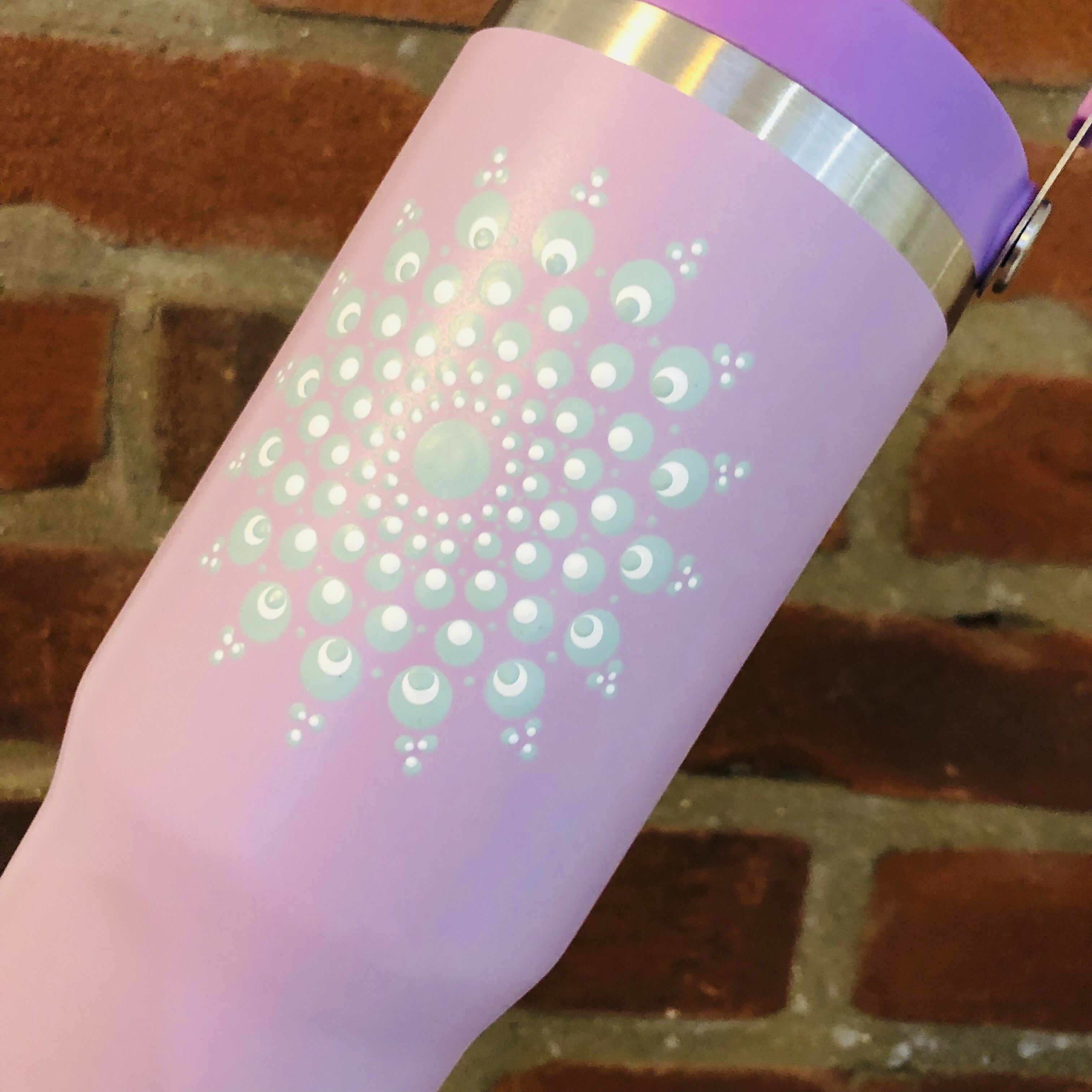 Hand Painted Dot Mandala Thermal Water Bottle with Handle: Lavender with Sage Green