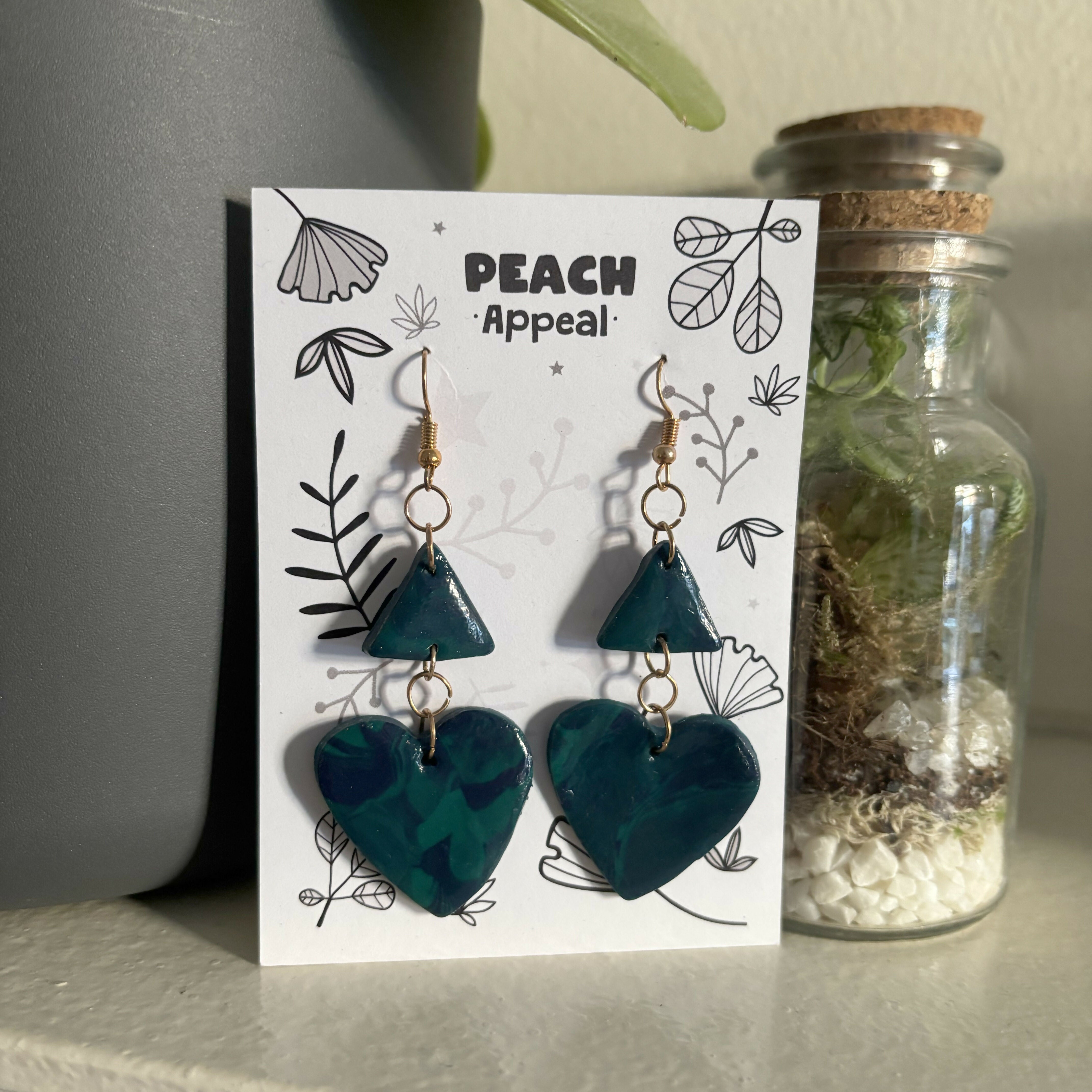 Recycled Polymer Clay Earrings - Green Triangle & Heart