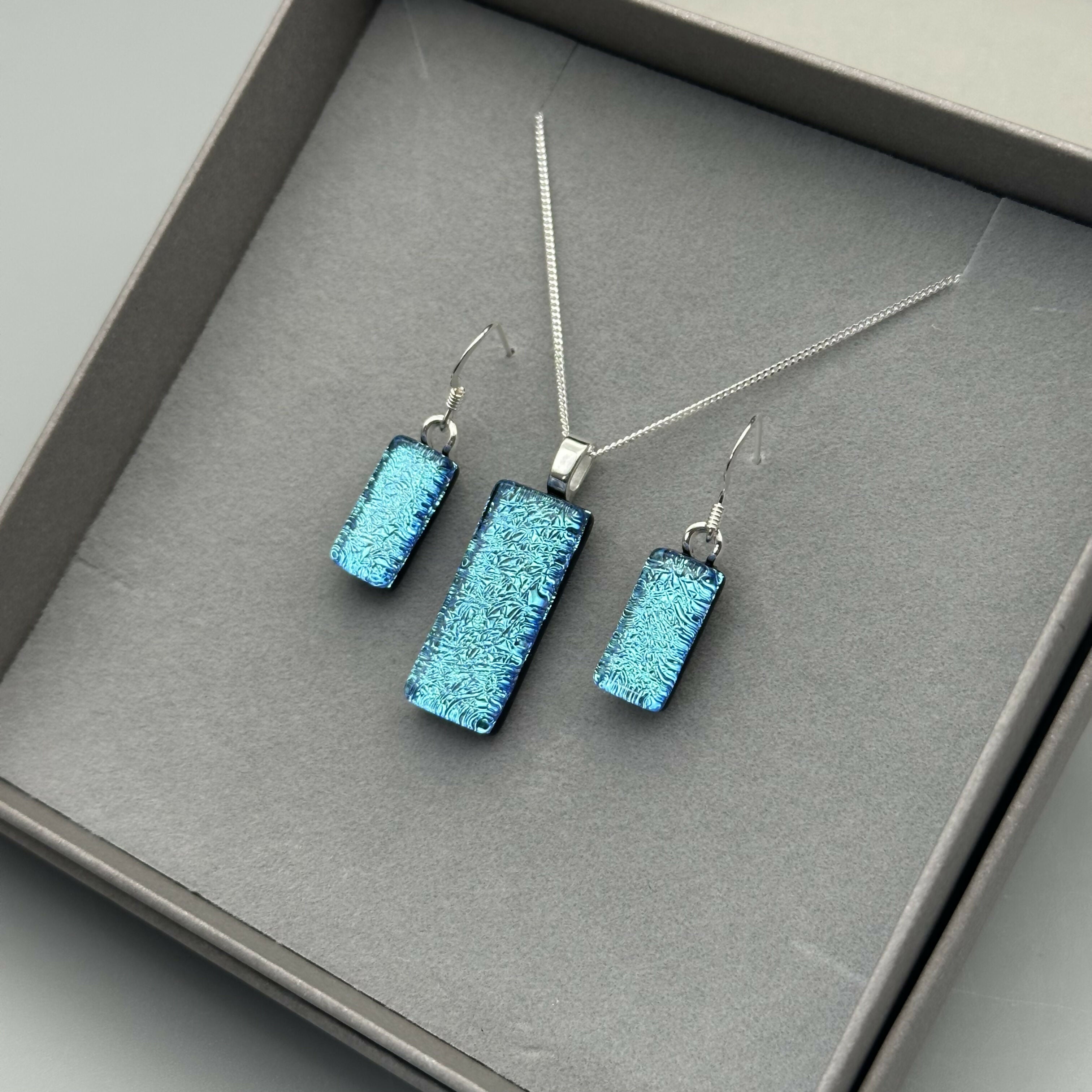 Ice Blue Dichroic Glass Necklace and Earrings Set - Sterling Silver, Handmade by Jade Tapson Glass