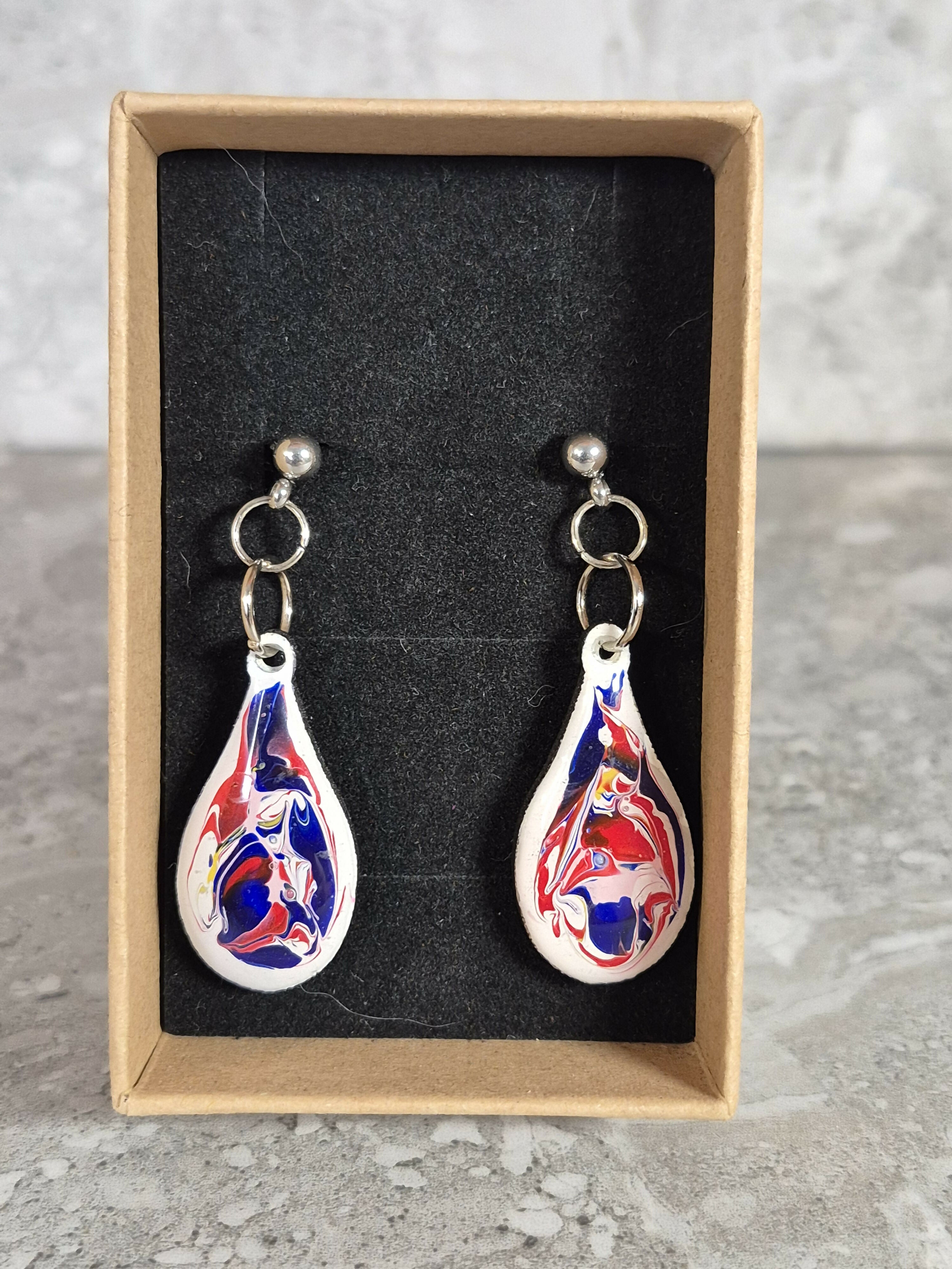 Handcrafted Teardrop Shaped Red, White And Blue Earrings