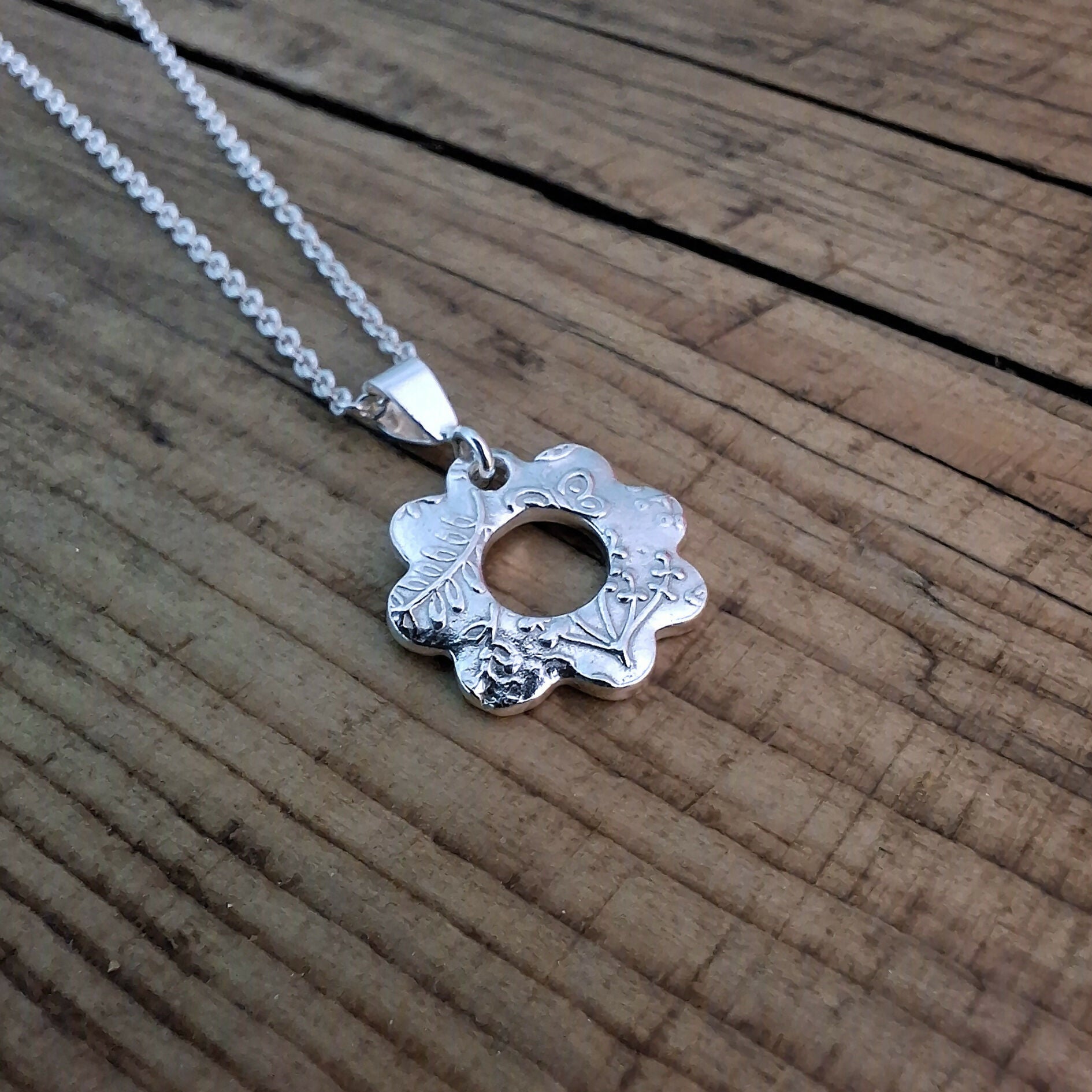 Handmade Silver Flower Charm Necklace Botanical Texture