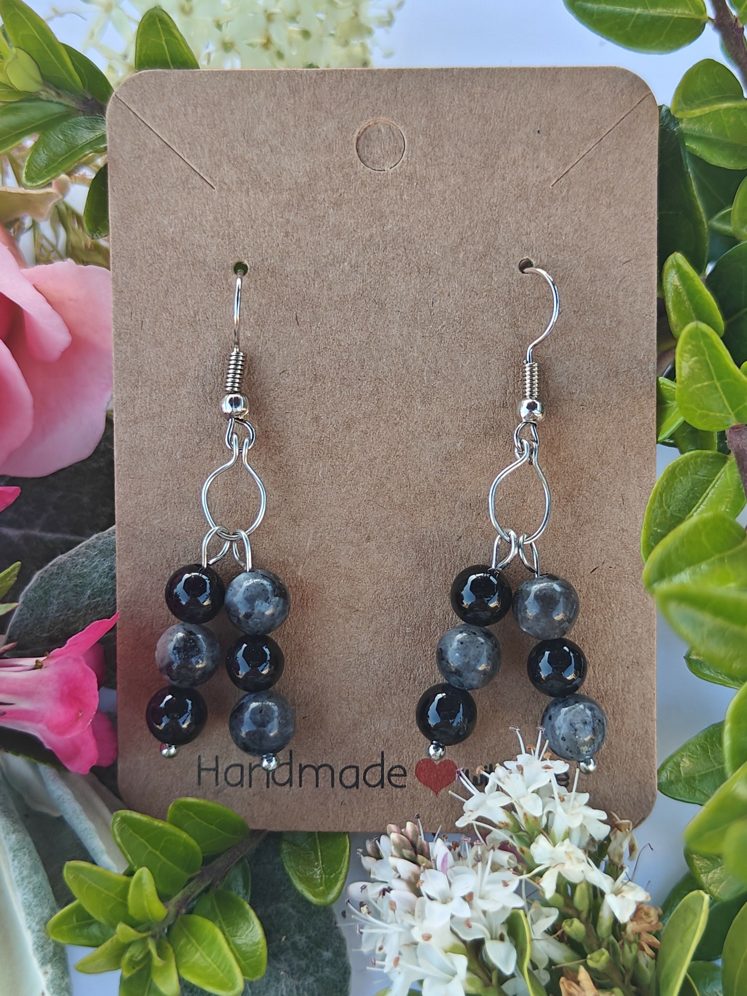 Labradorite and Black Agate Wire Wrapped Crystal Bead Earrings