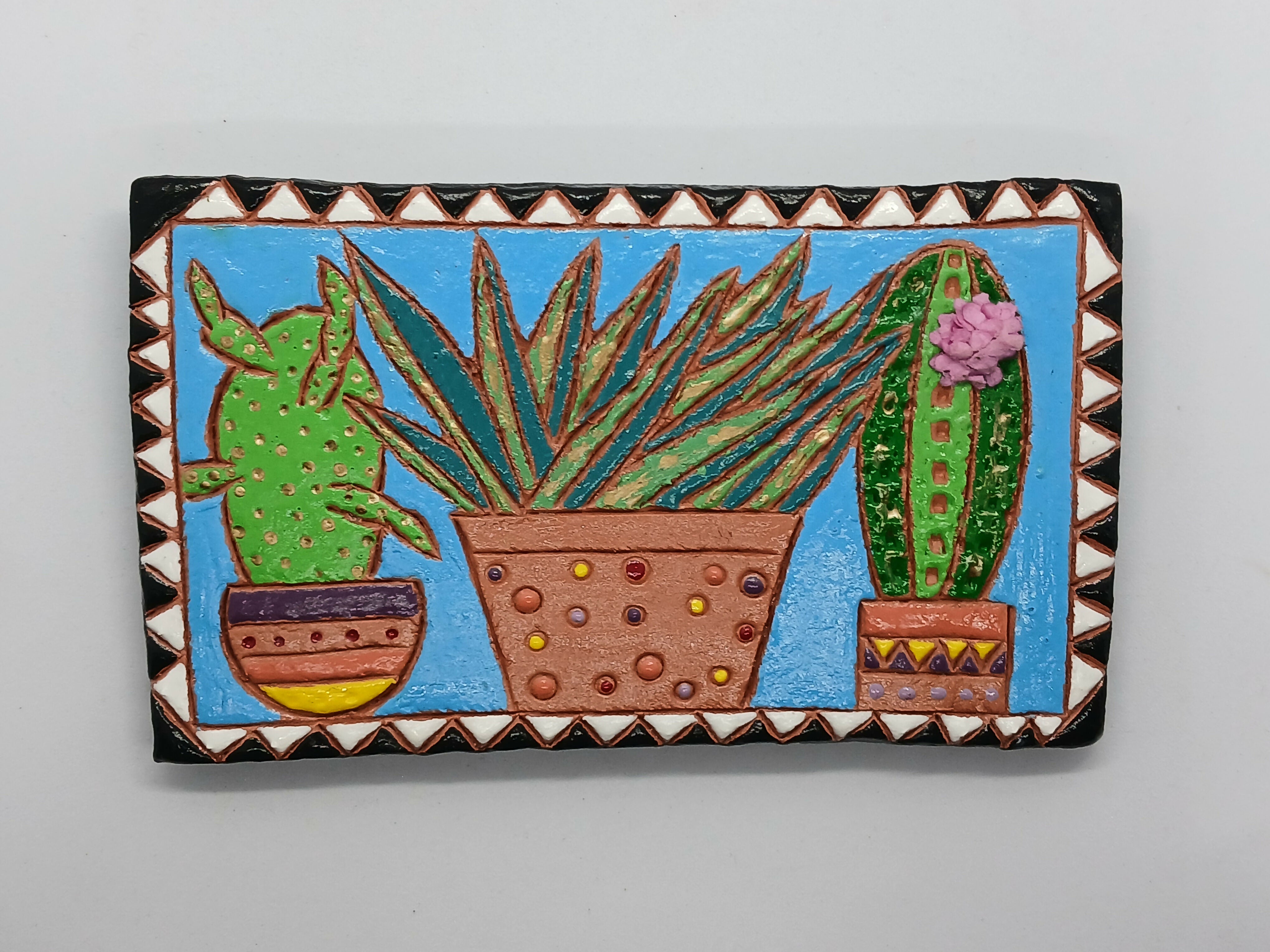 Clay Cactus and Plant Colourful Tile