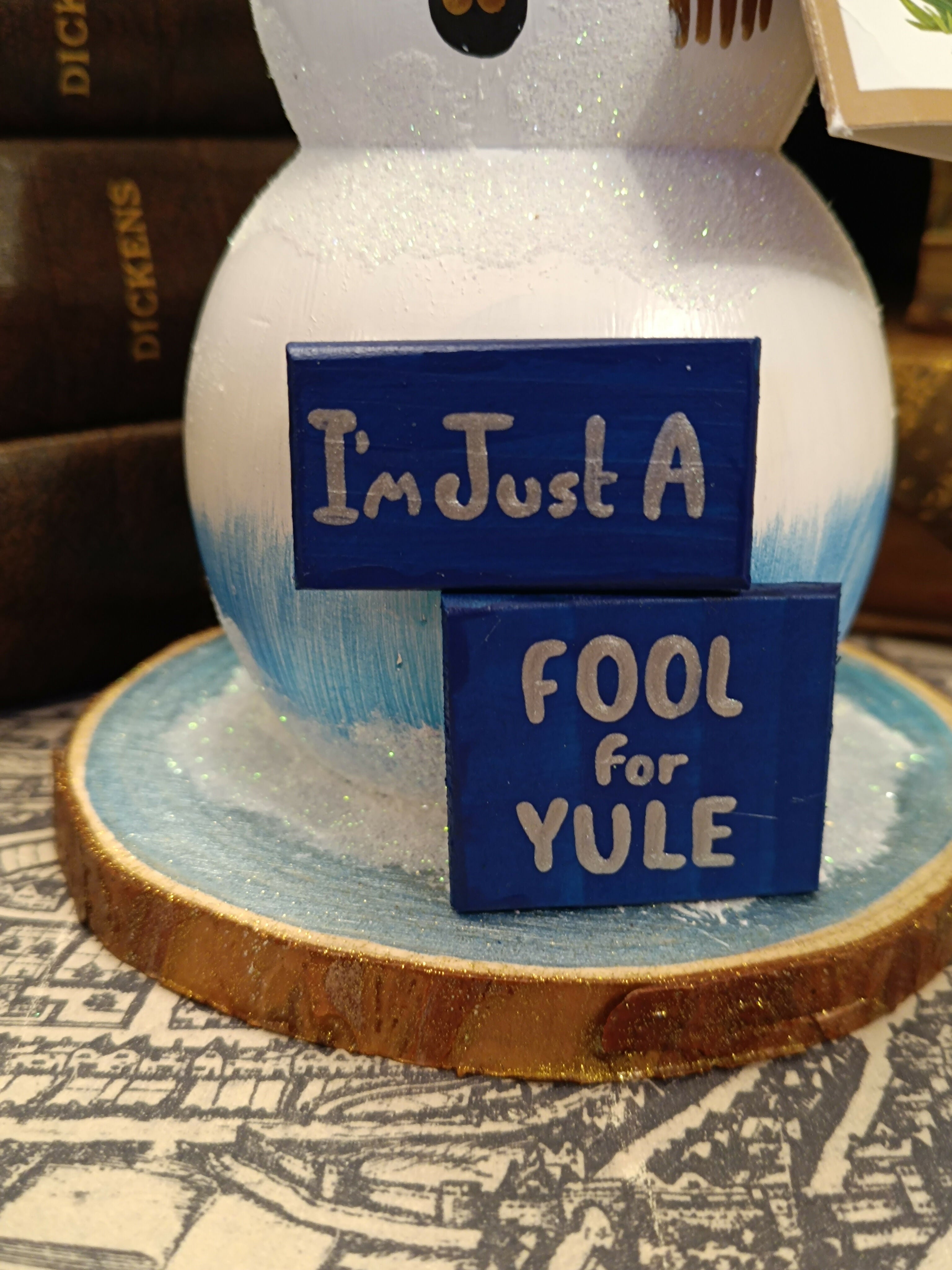 Handcrafted Whimsical Glitter Snowman Figurine with "I'm Just A Fool For Yule" Wooden Sign