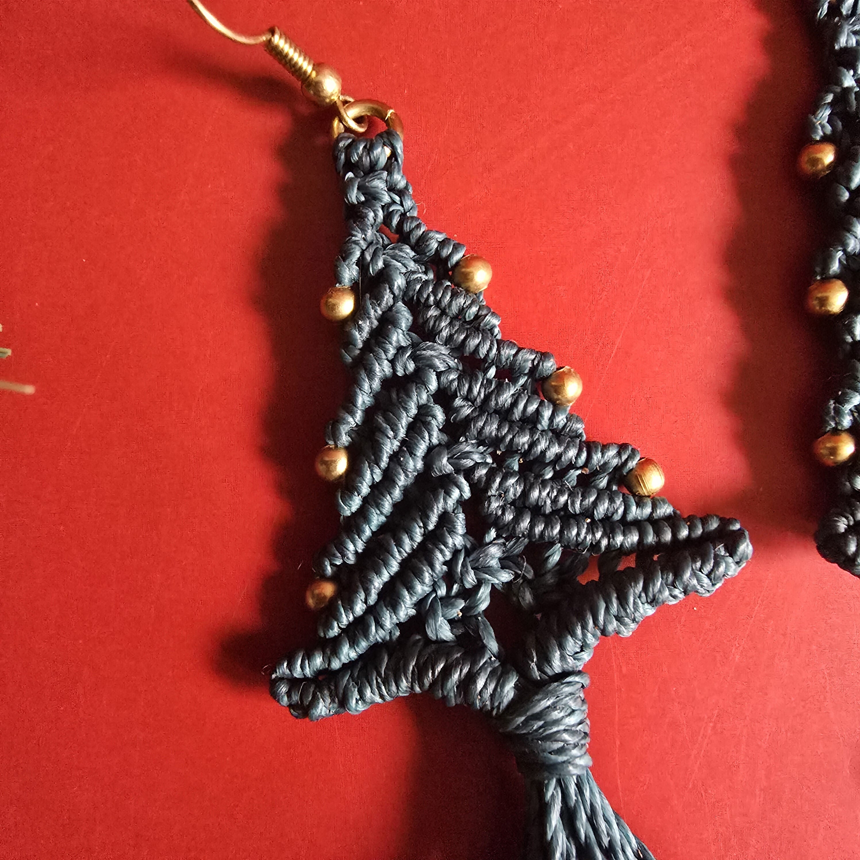 Christmas Tree Macrame Earrings; Forest Green Knotted Cord Lightweight Boho Festive Earrings