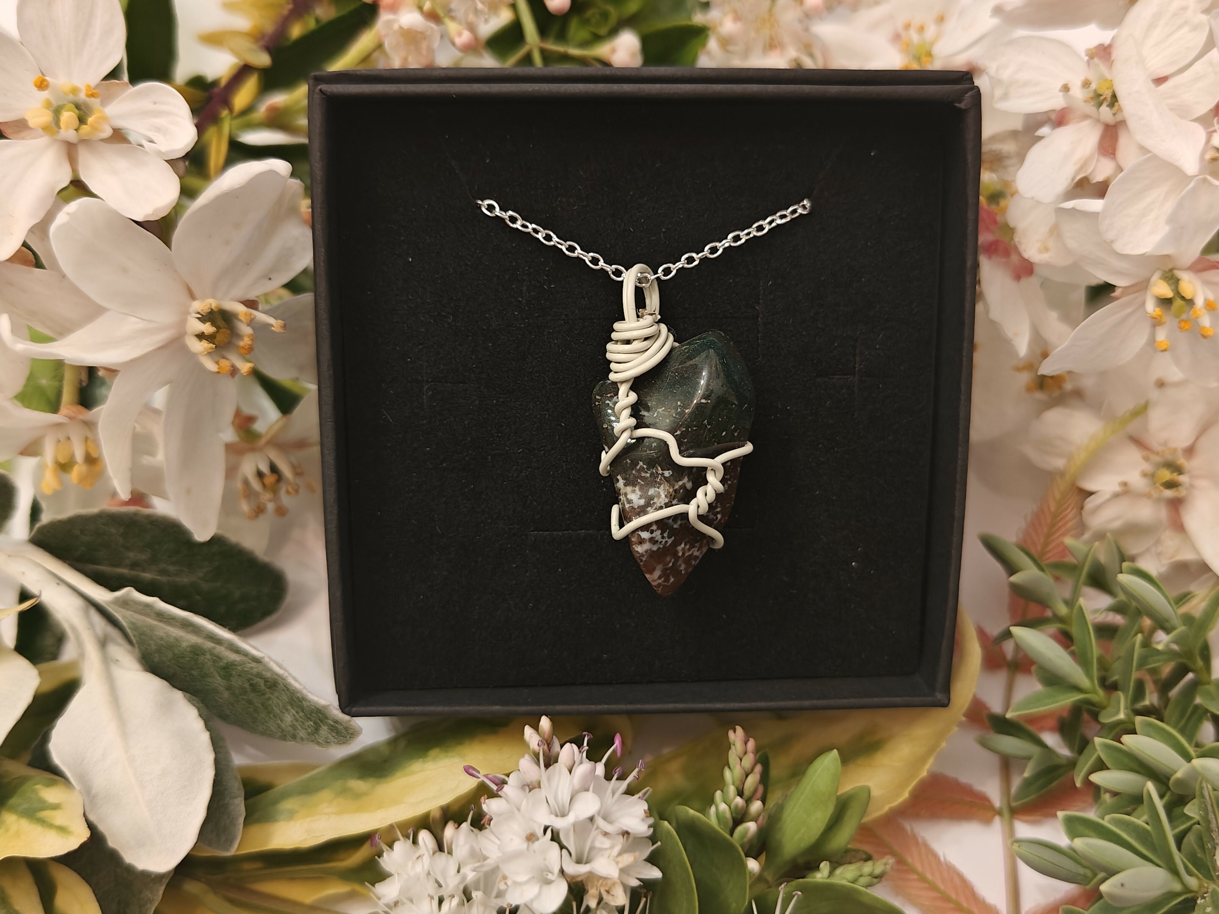 Jasper Wire Wrapped Crystal Necklace on Sterling Silver Chain