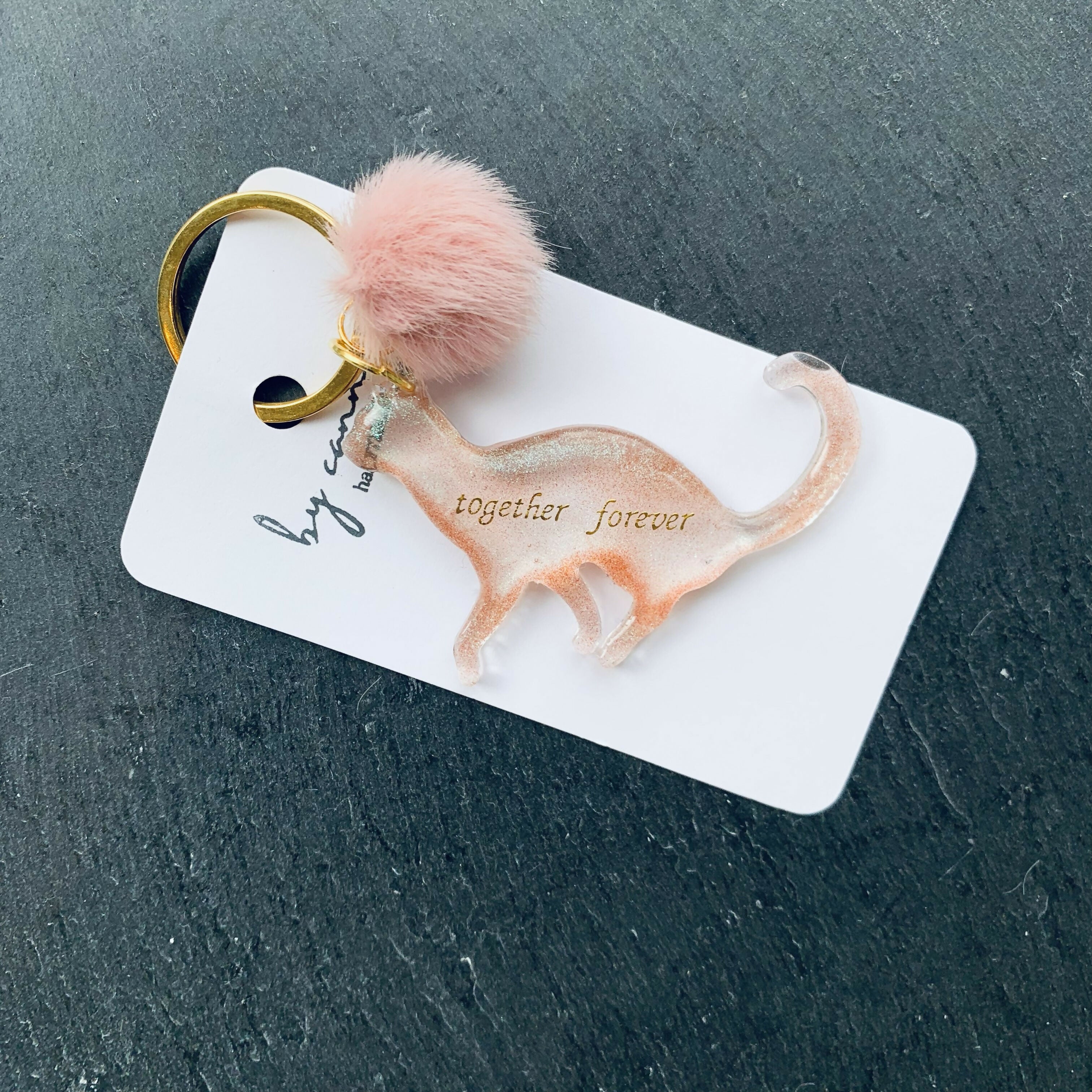 Hand Cast Vibrant Mica Powder Resin Cat Keyring, Bag Charm with a Pom Pom