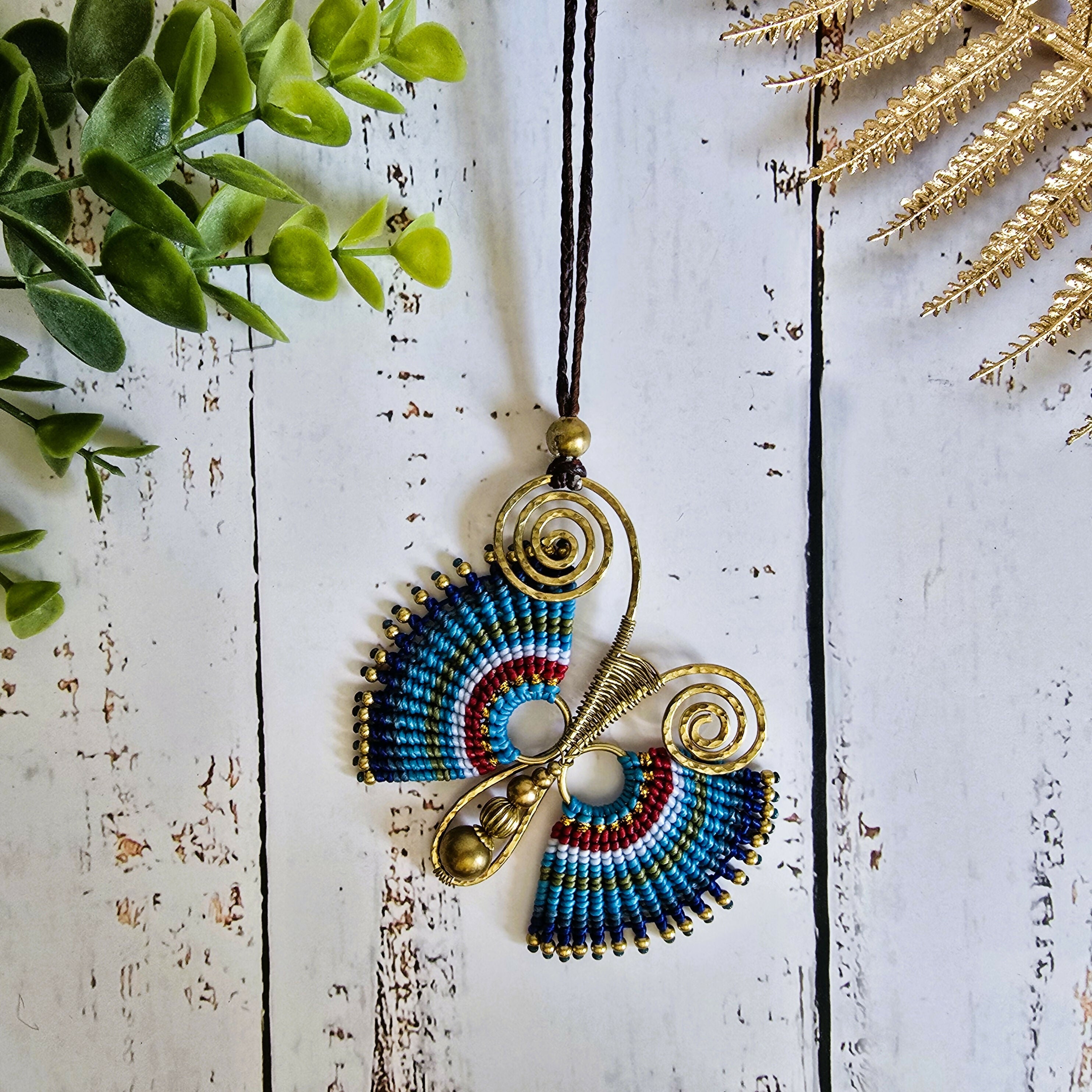 Blue Butterfly Necklace; Handcrafted Macramé & Gold Wire Art Statement Pendant