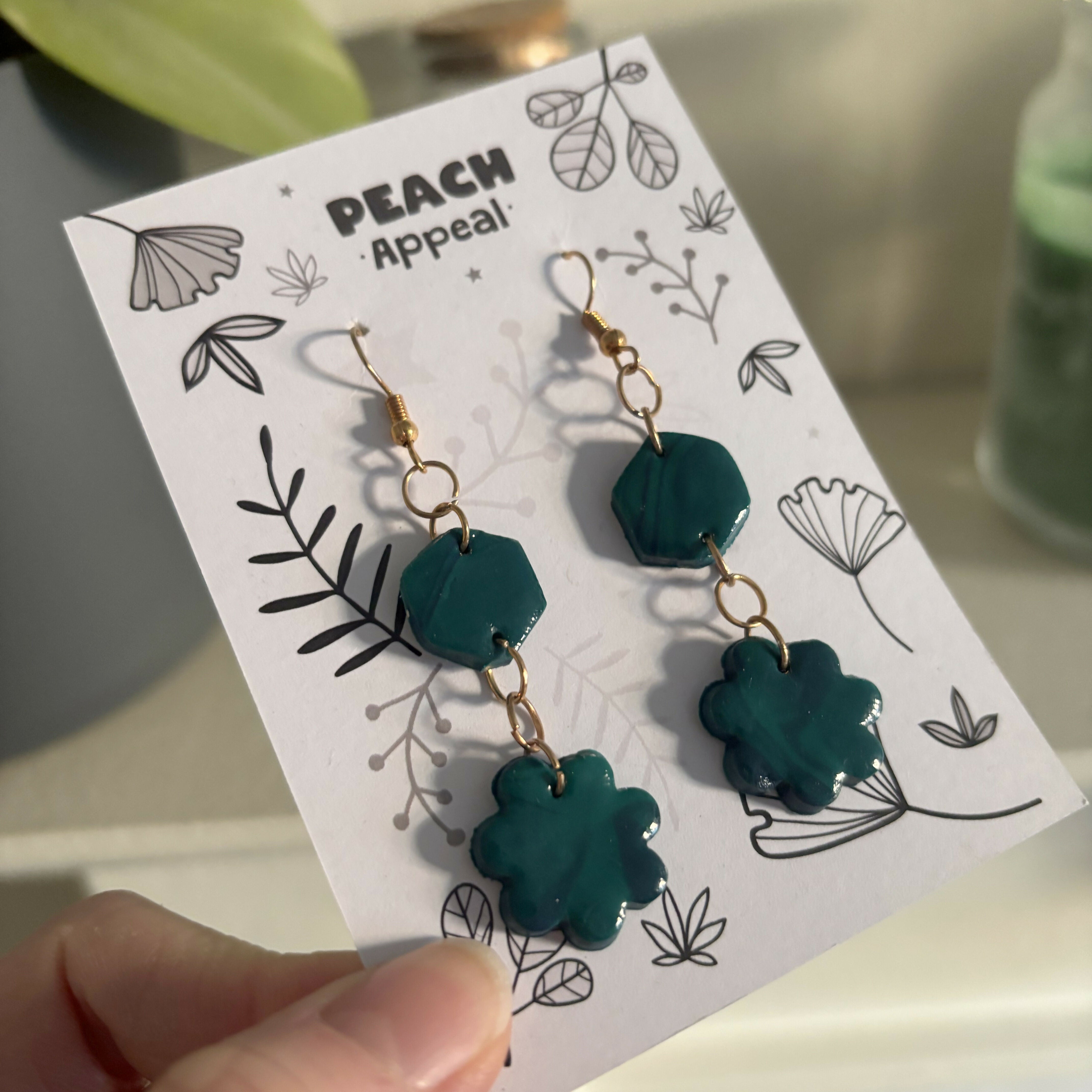 Recycled Polymer Clay Earrings - Green Flower Geometric