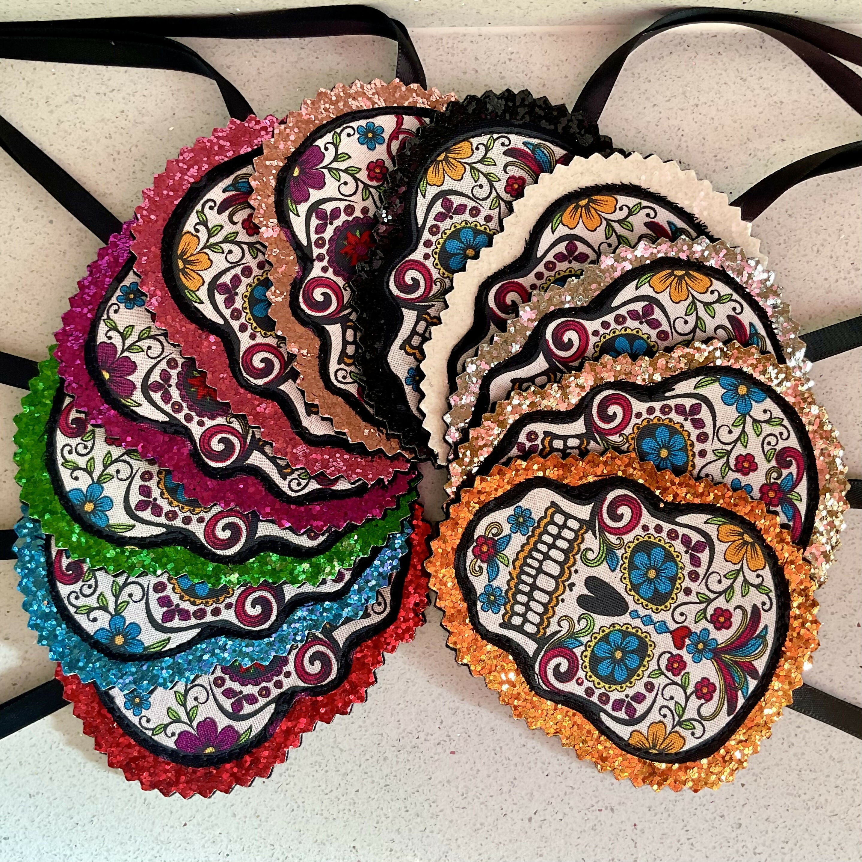 Sugar Skull Gift Tags With Glitter, Sparkly Sugar Skull Hanging Decorations, Flat Halloween