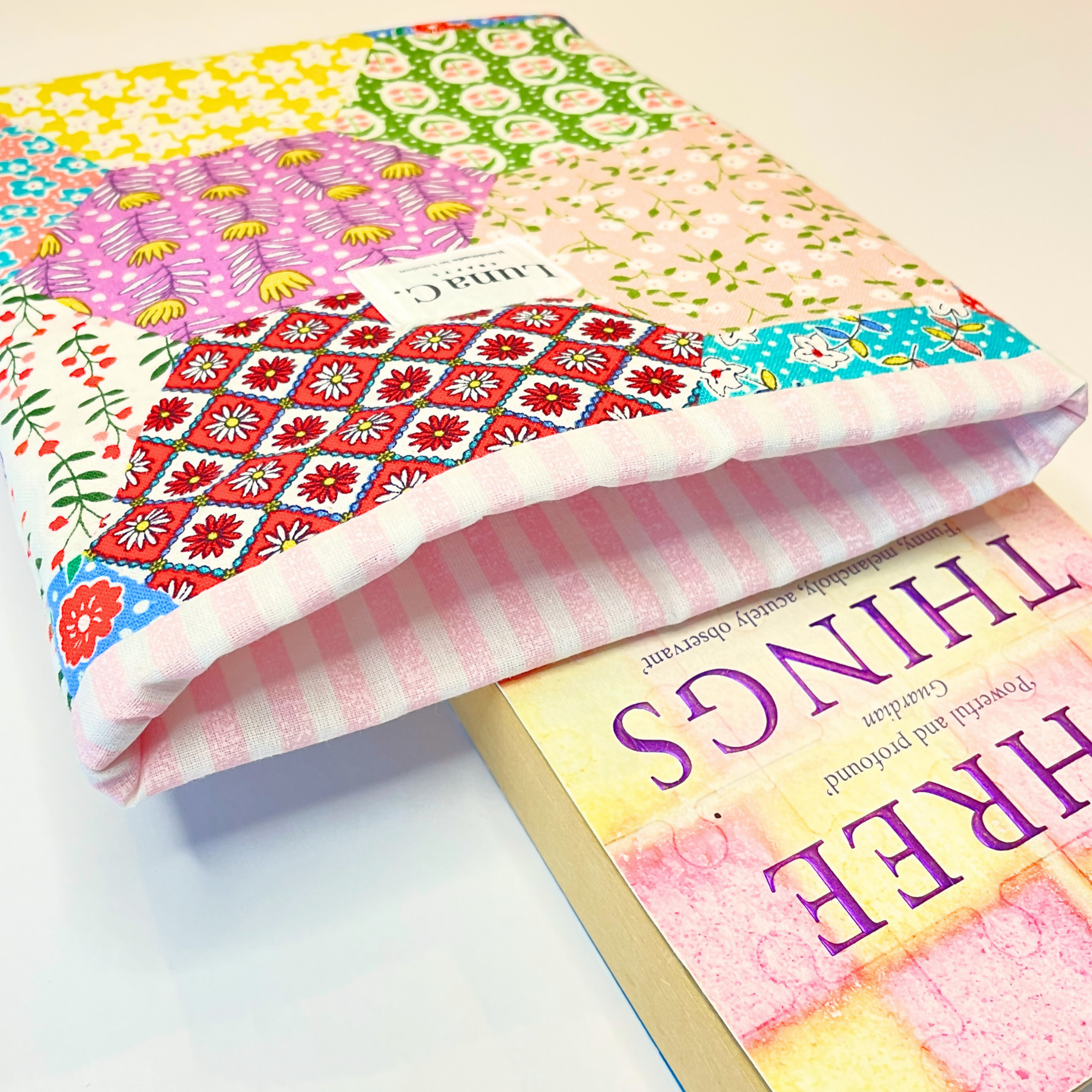 Multicolour Patchwork Pattern Pink Gingham Lining Book Sleeve