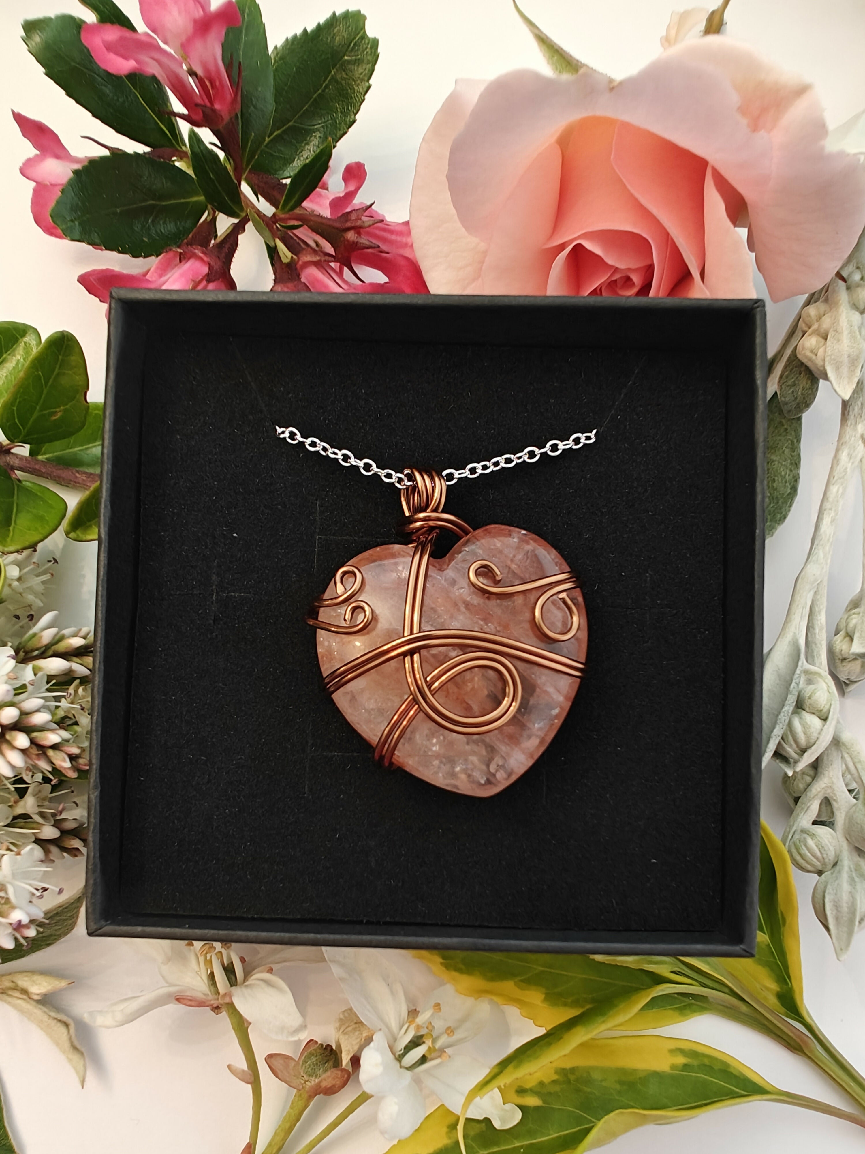 Fire Quartz Wire Wrapped Crystal Heart Necklace on Sterling Silver Chain