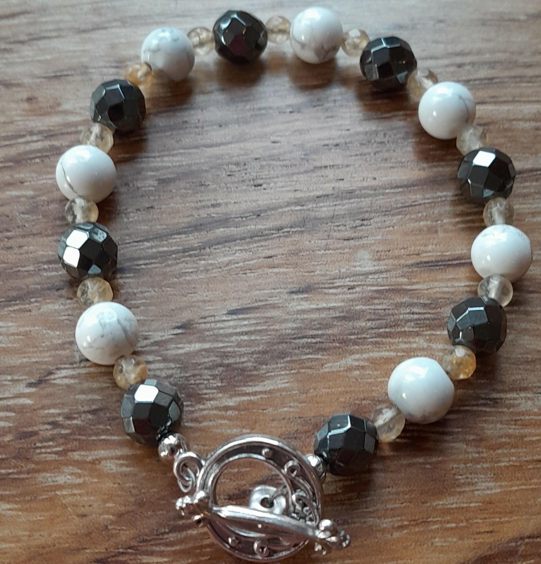 Gemstone Bracelet with Tibetan Silver Toggle Catch, Faceted Grey Hematite, Faceted Citrine and Howlite.