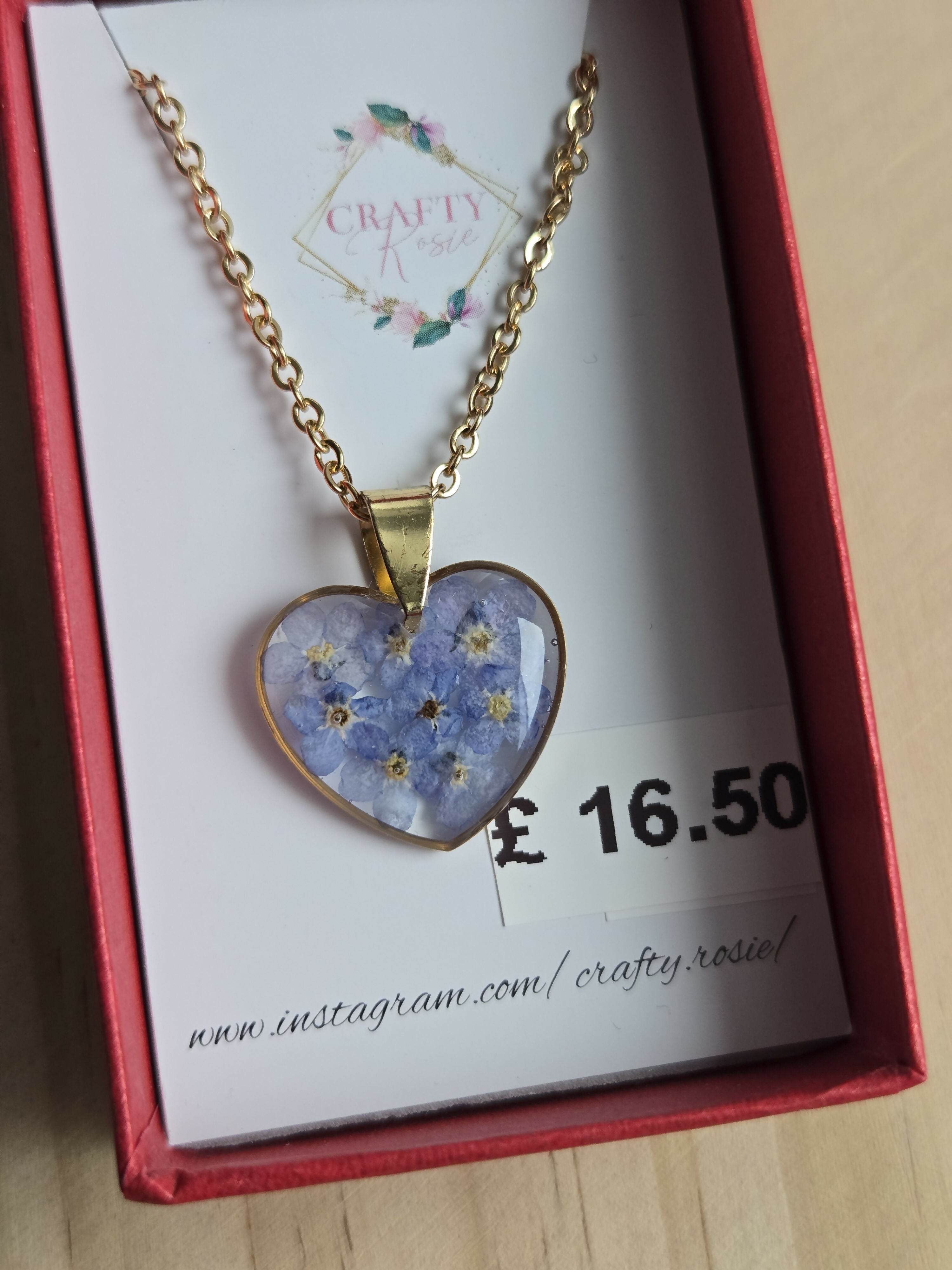 Stainless Steel Real Forget Me Not flowers Heart Necklace