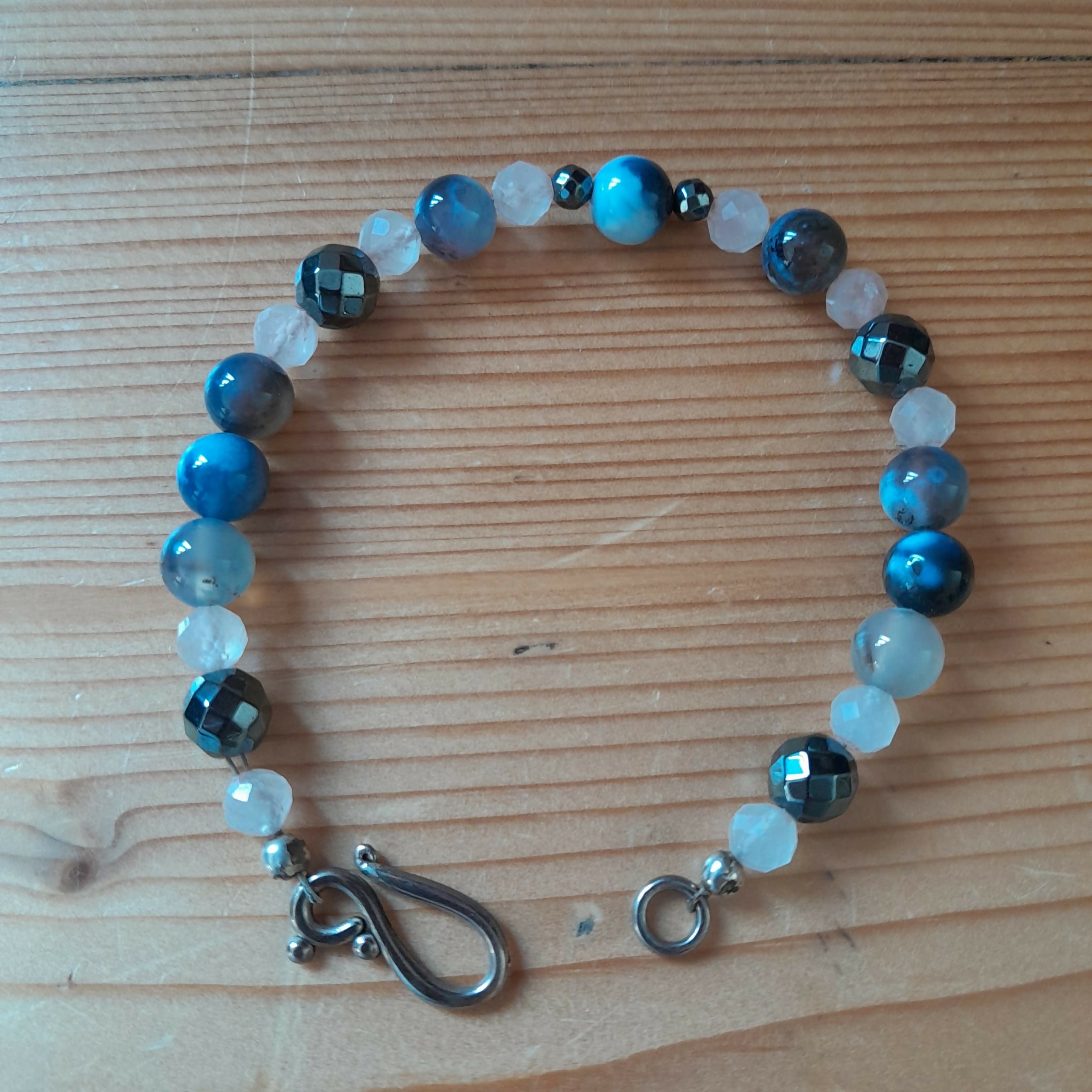 Tibetan silver Toggle Bracelet with Faceted Rose Quartz, Faceted Grey Hematite and Blue Dream Agate.