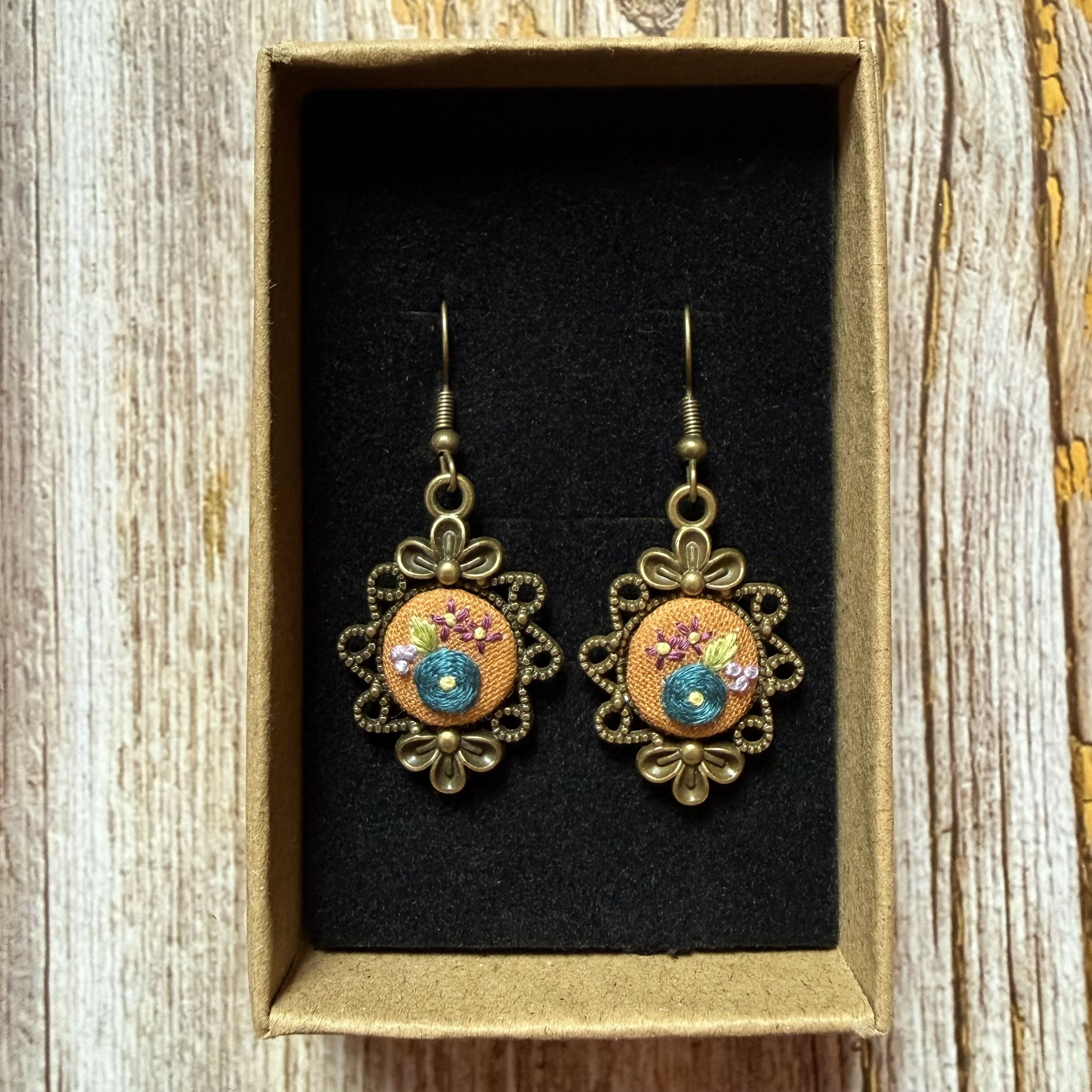 Hand Embroidered Orange Floral Vintage Style Earrings