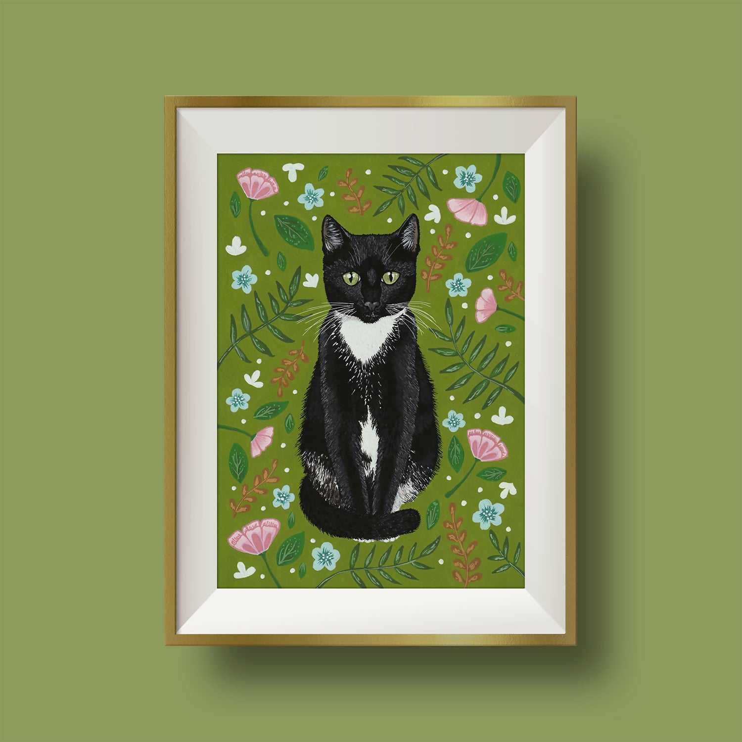 Tuxedo Cat Floral Art Print A4