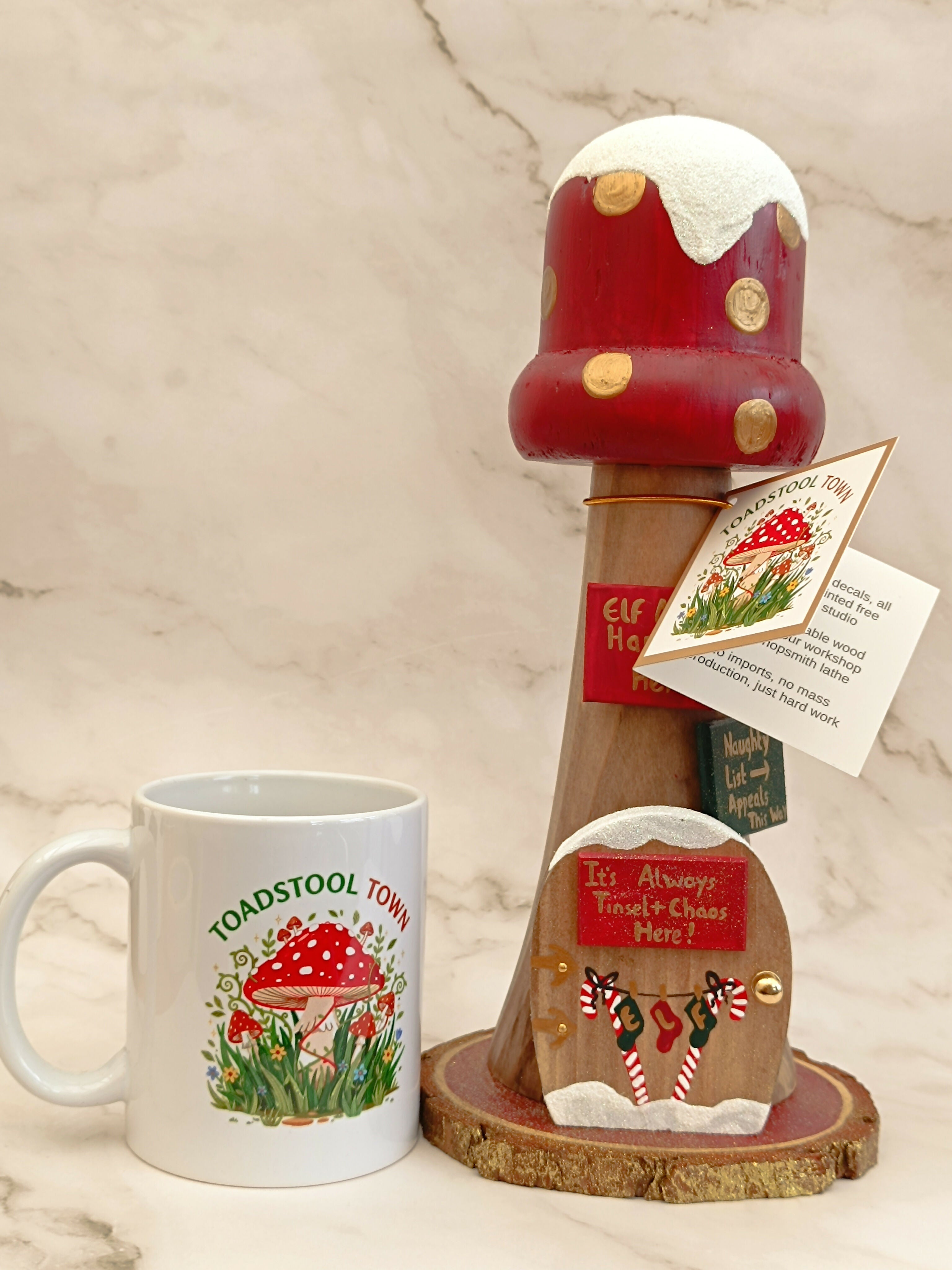 30cm Red Handmade, Free Standing Painted Wooden Bell Shaped Topped Toadstool Elf House - Whimsical Woodland Ornament & Holiday Keepsake