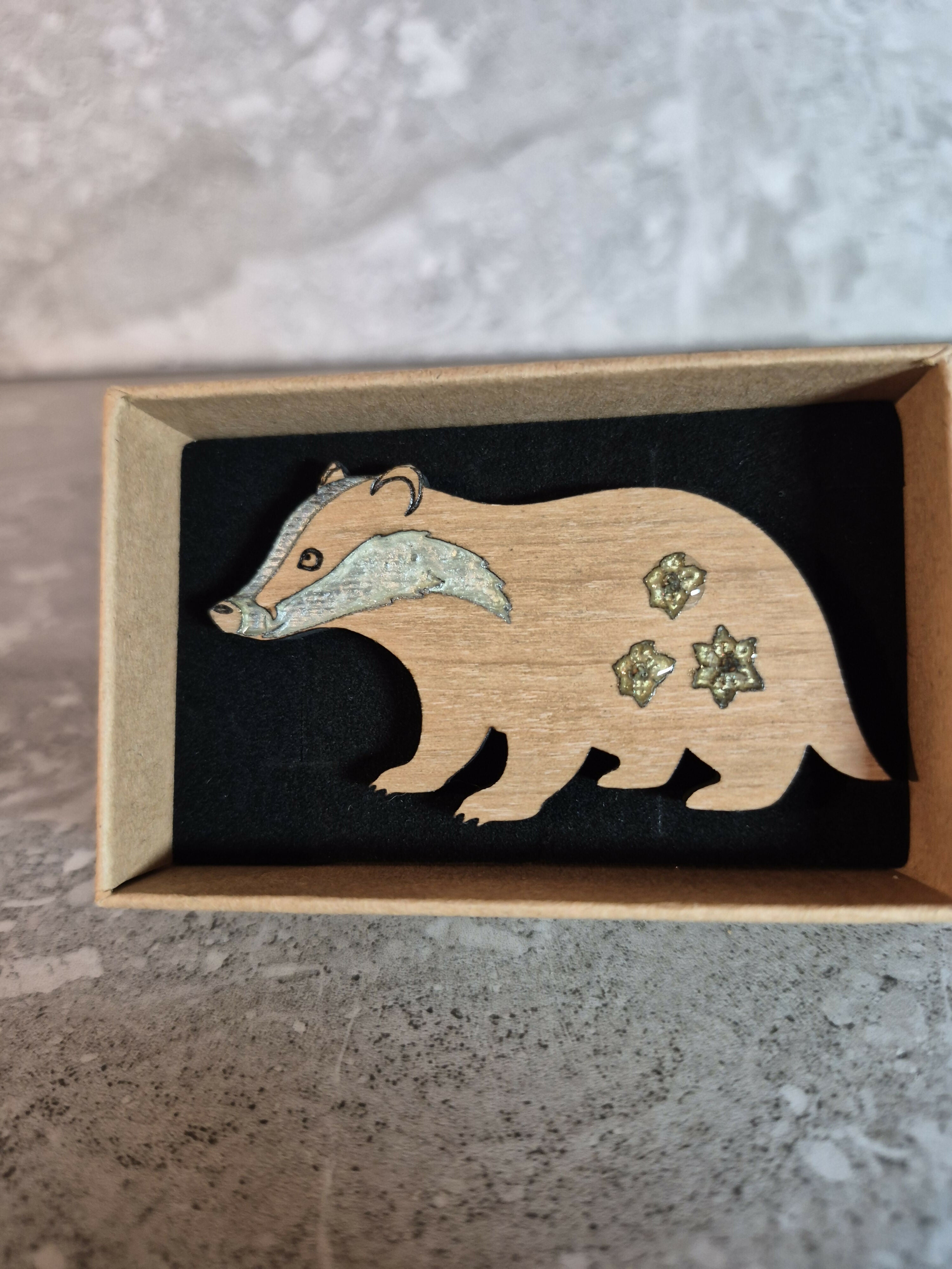 Handcrafted Cherry Veneered Badger Pin