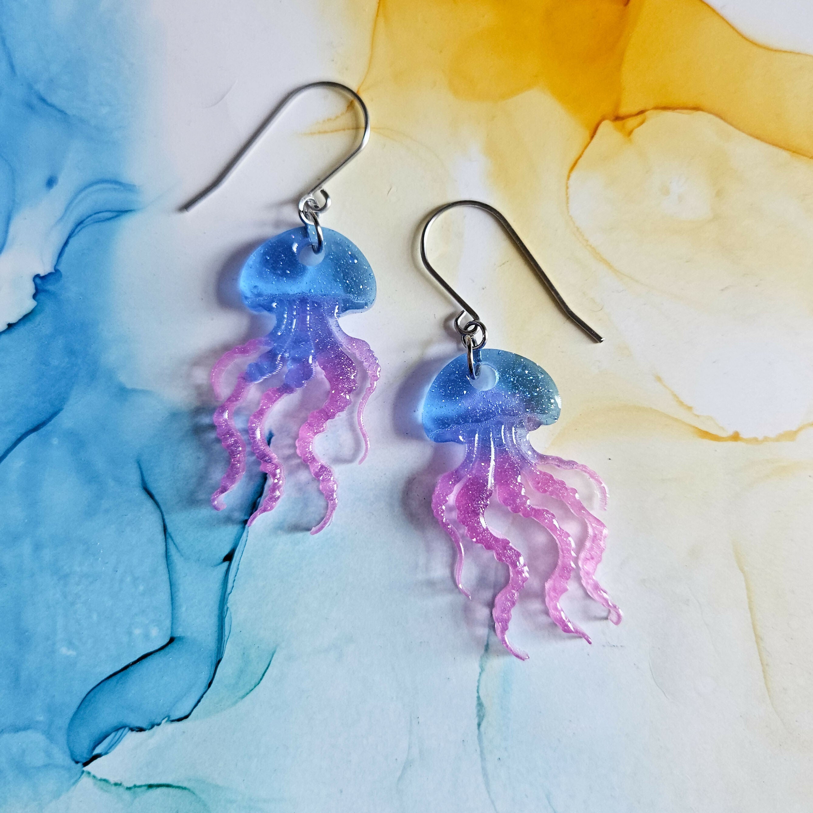 Handmade Light Pink Blue Jellyfish Resin Earrings