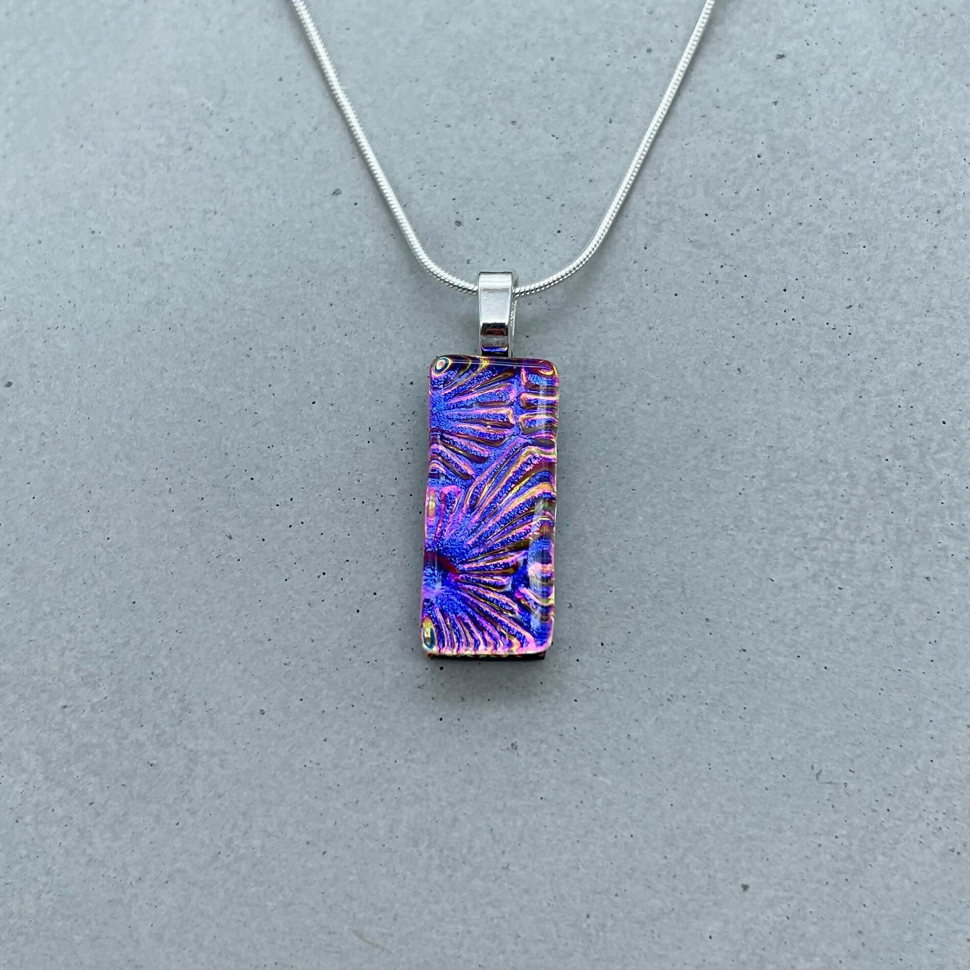 Pink & Purple Flower Dichroic Fused Glass Pendant with Silver Plated Chain - Handmade by Jade Tapson Glass.