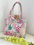 Quilted Tote Bag Pink Floral Design with Ribbon Closure Handmade in UK