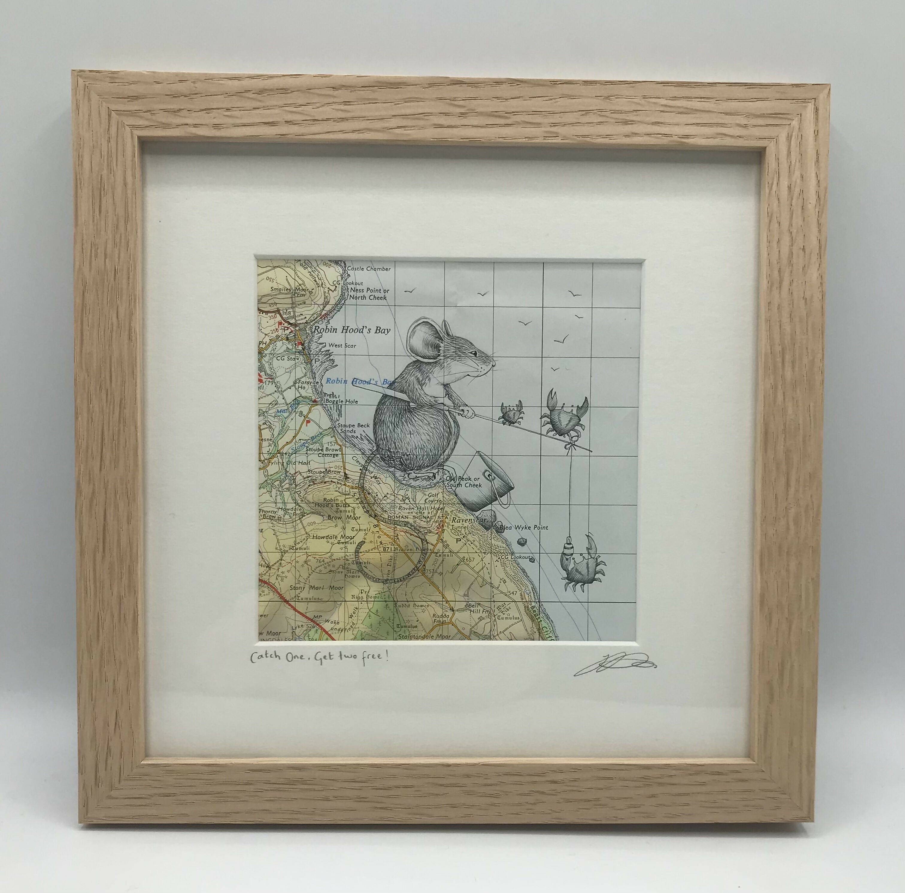 Catch One, Get Two Free! - Original Pen Drawing on vintage map ( ROBIN HOODS BAY)