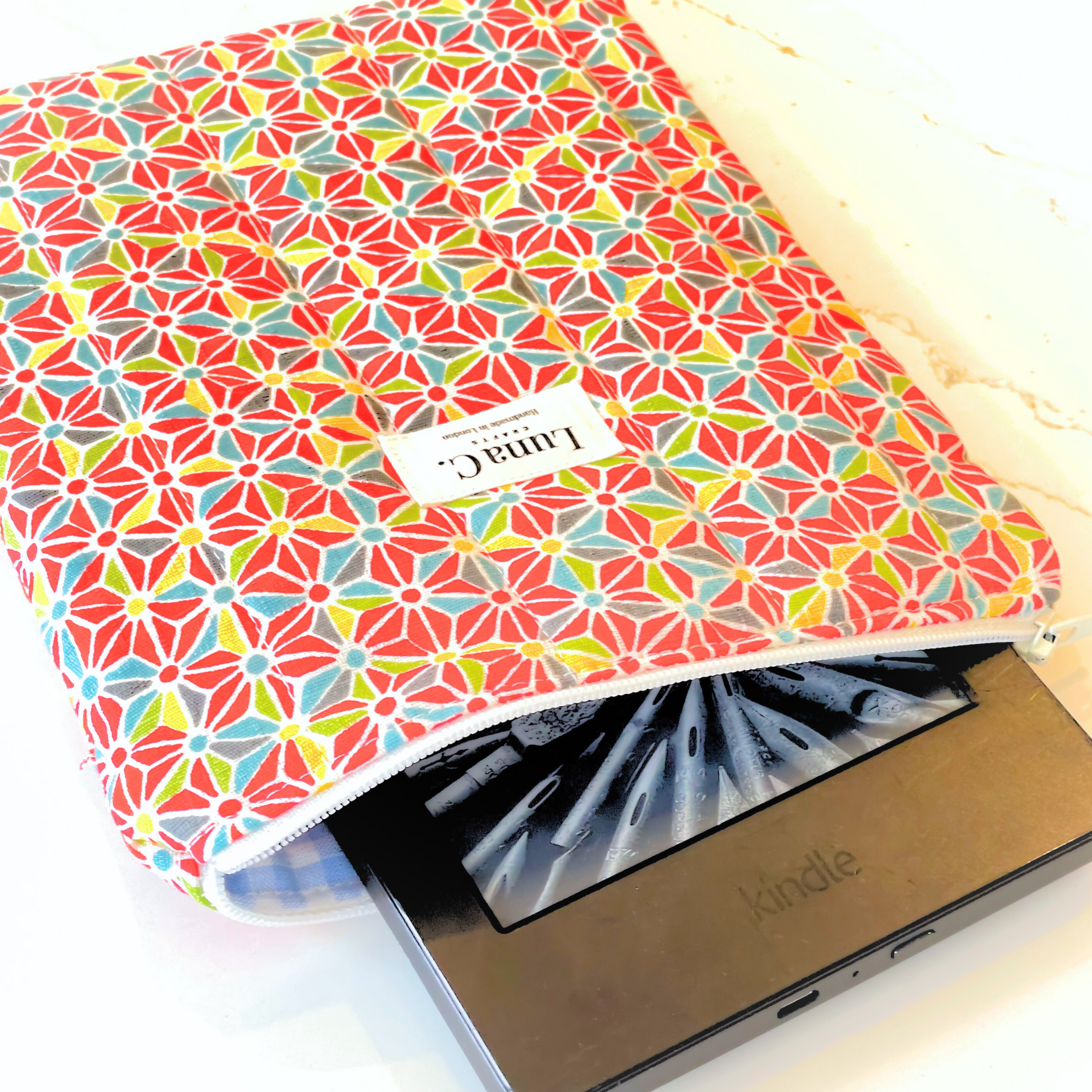 Red Asanoha Light Blue Gingham Lining Zipped Book or Kindle Sleeve