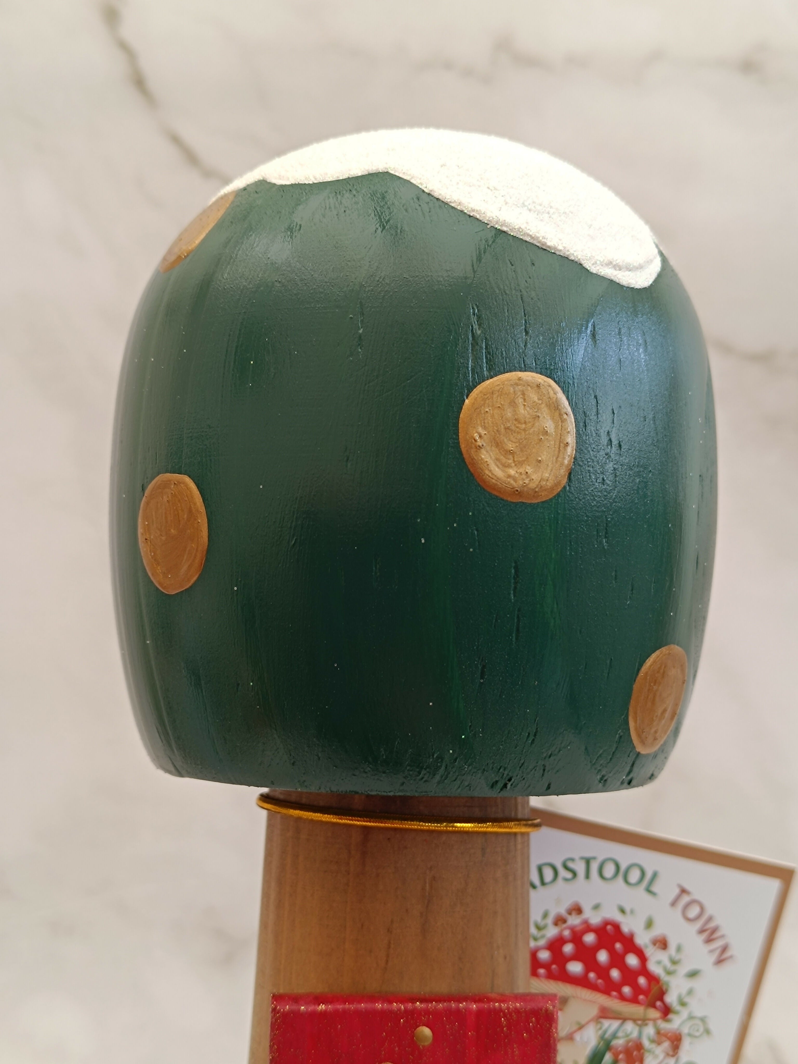 30cm Green Handmade Free Standing Painted Wooden Rounded Topped Toadstool Elf House - Whimsical Woodland Ornament & Holiday Keepsake