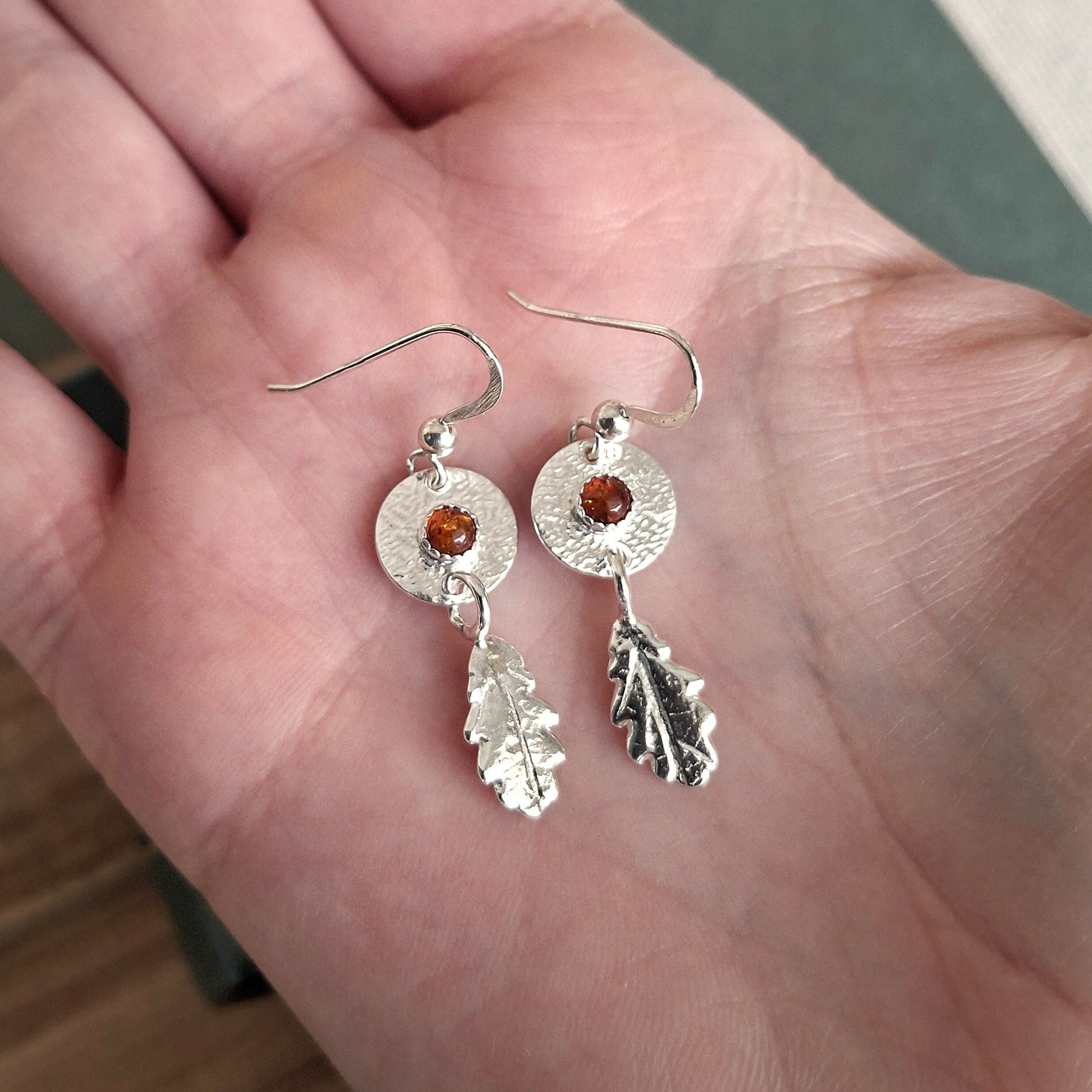 Handmade Silver Oak Leaf Earrings With Amber Stones