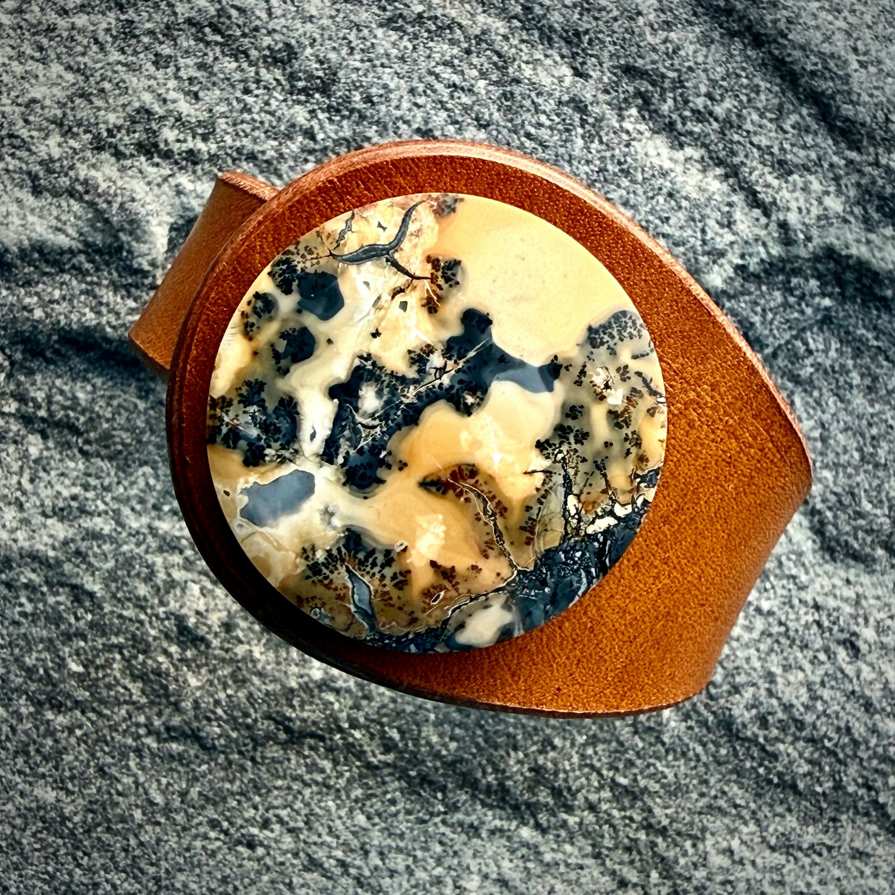 Handcrafted Natural Leather & Maligano Jasper Gemstone Bracelet - Size S or M