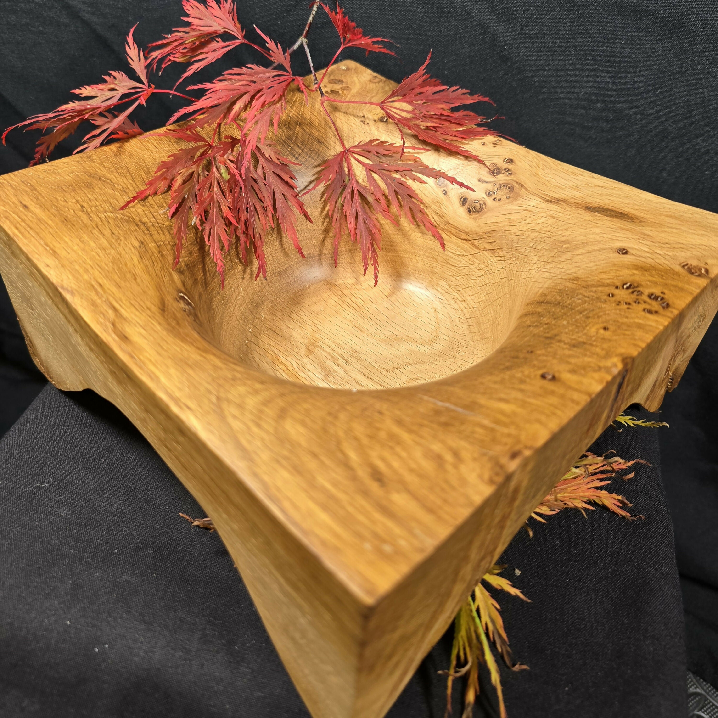 Huge Hand Turned Square Oak Burr Bowl