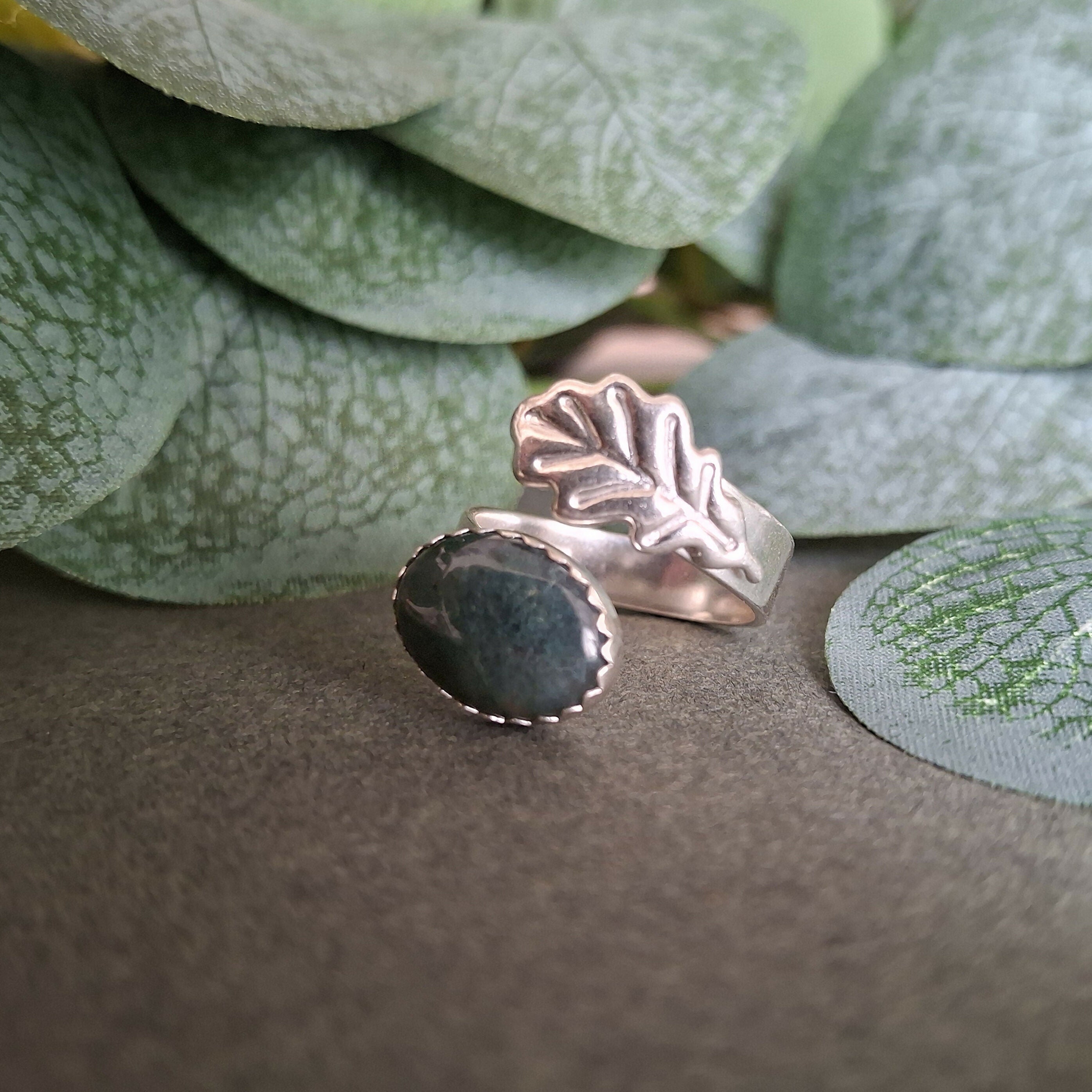 Handmade Adjustable Silver Oak Ring Moss Agate Size R½