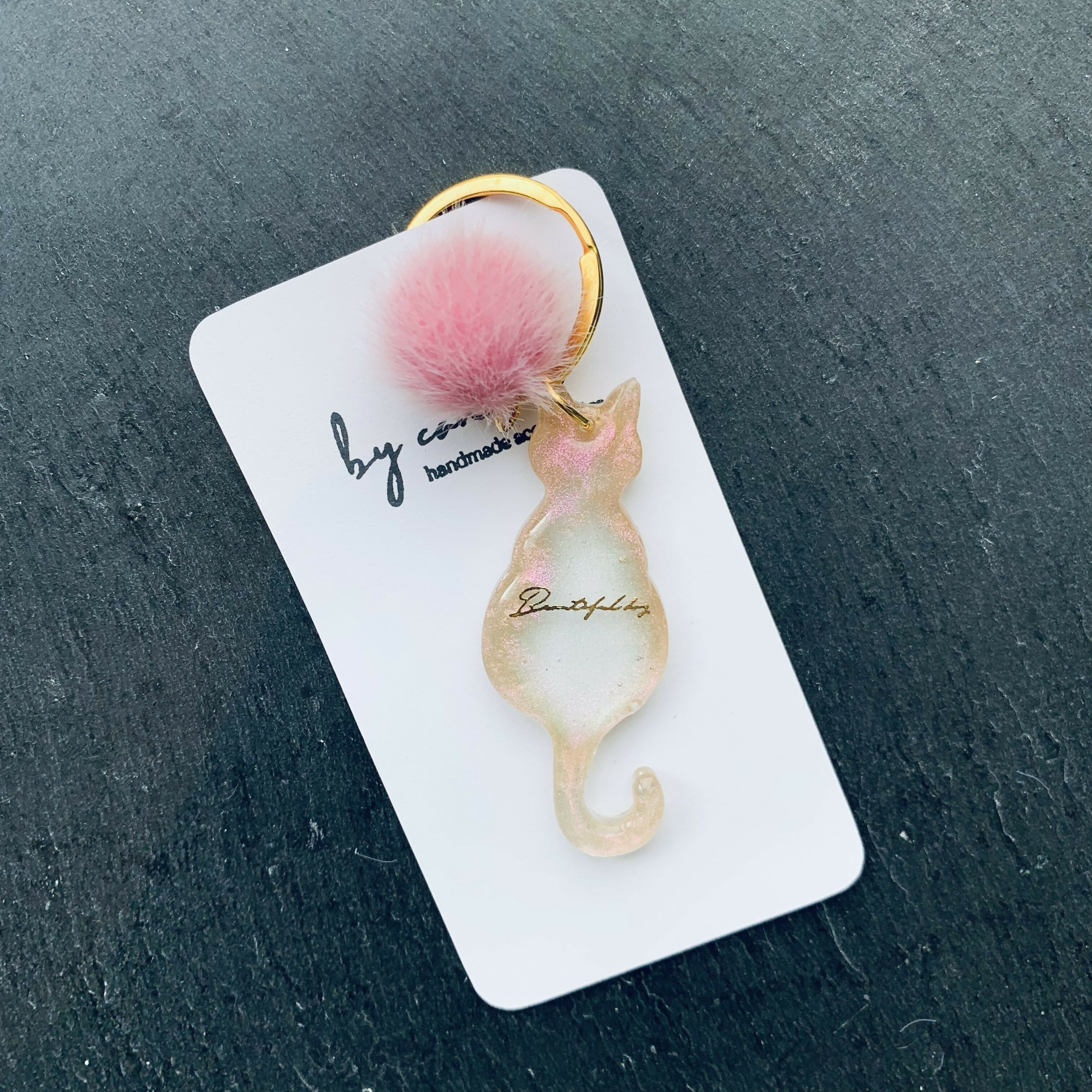 Hand-Poured Vibrant Mica Powder Resin Cat Keyring, Bag Charm with a Pom Pom