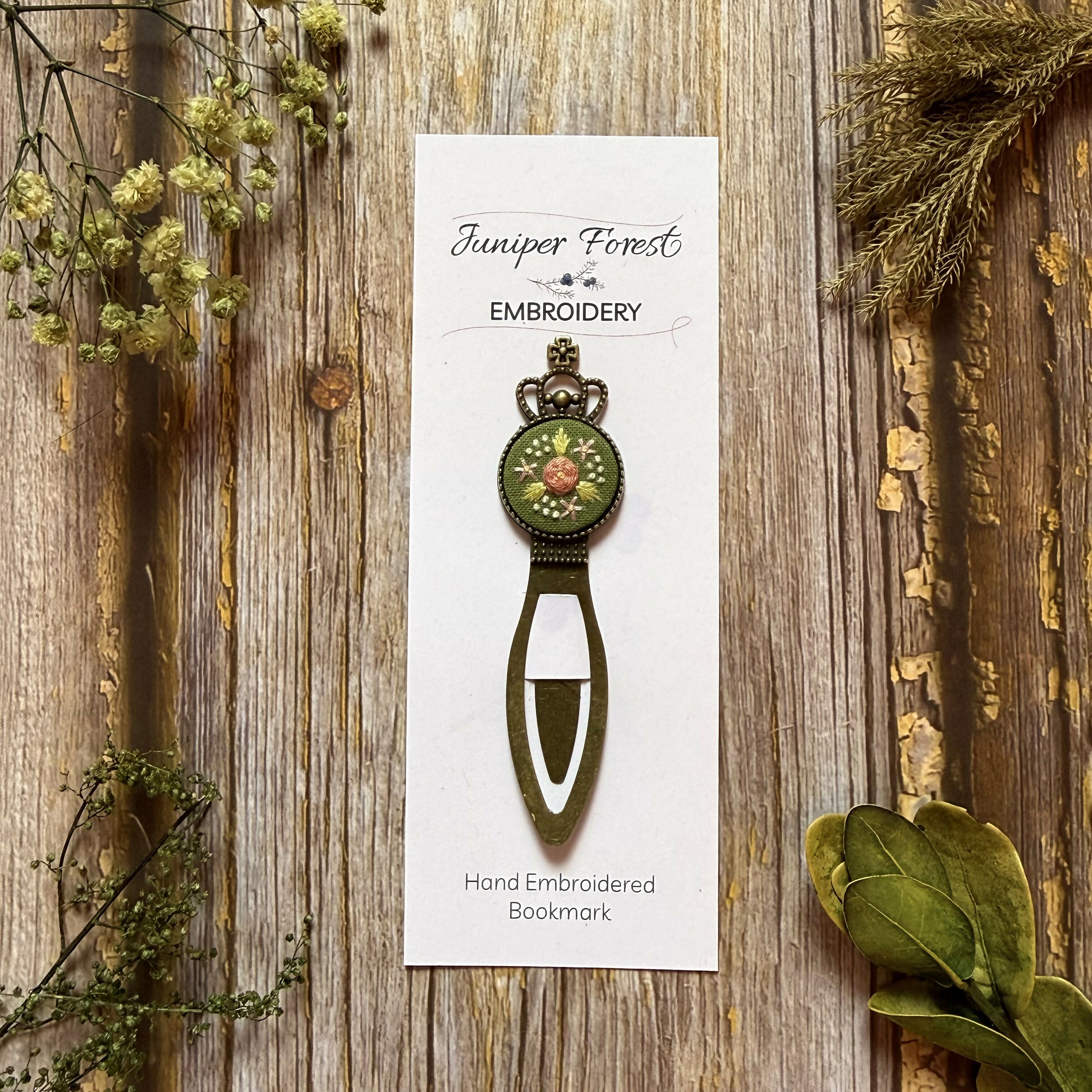 Hand Embroidered Green Crown Bookmark