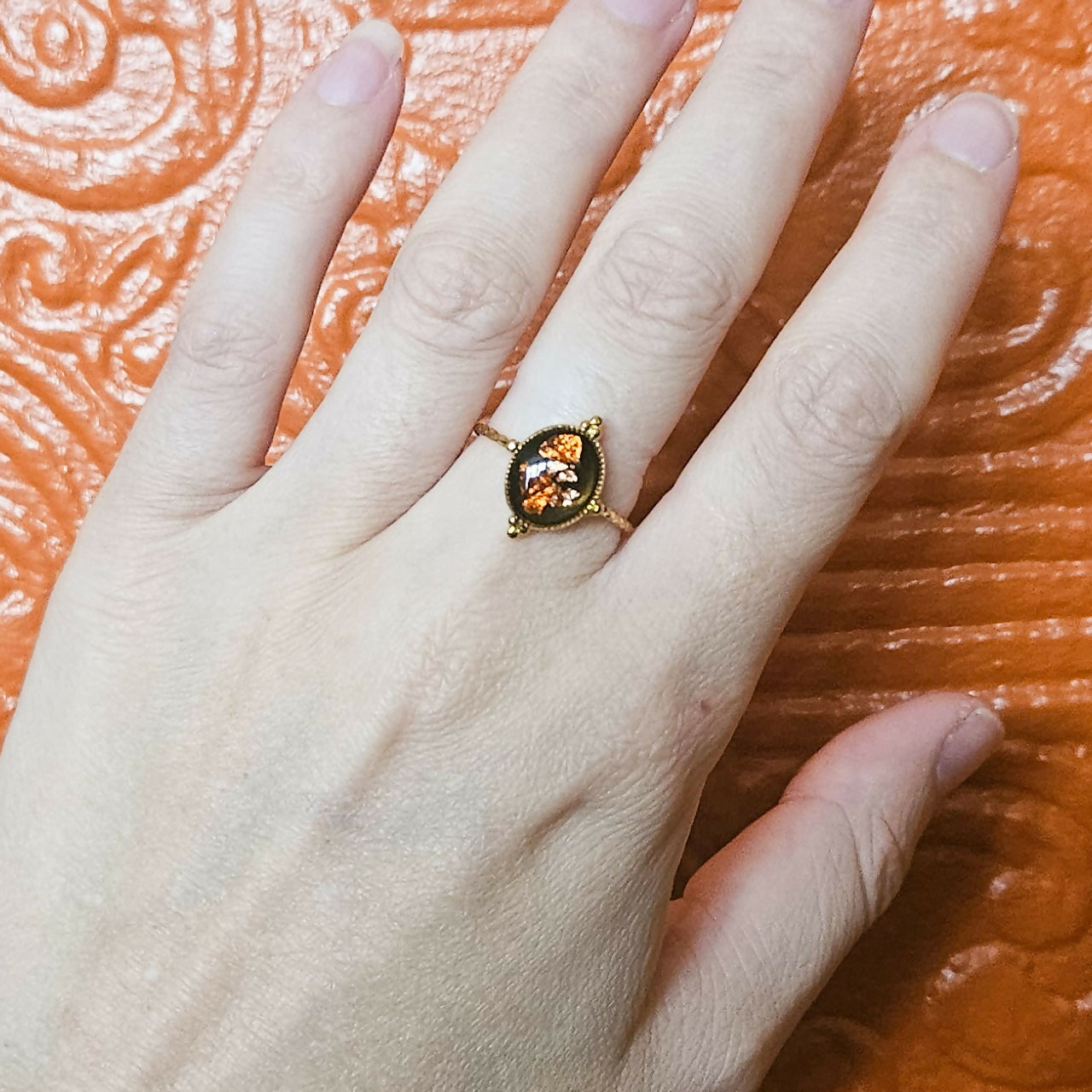 Handmade Orange Gold Leaf And Black Resin And Stainless Steel Adjustable Ring