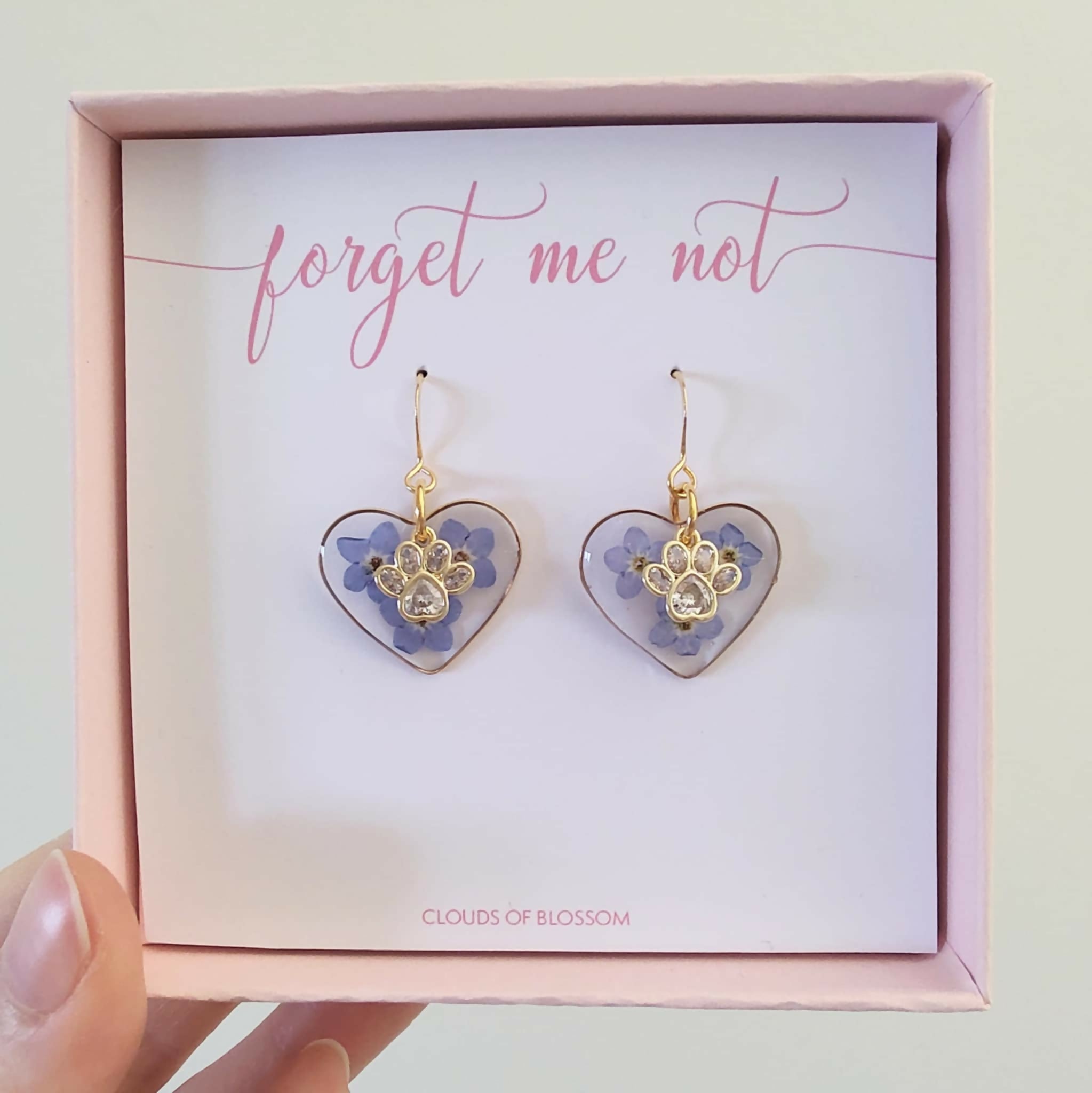 Forget Me Not Paw Print Heart Earrings Gold Plated
