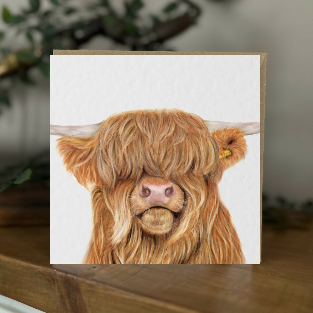 Highland Cow Greeting Card – Handmade Animal Art Card – Blank Inside