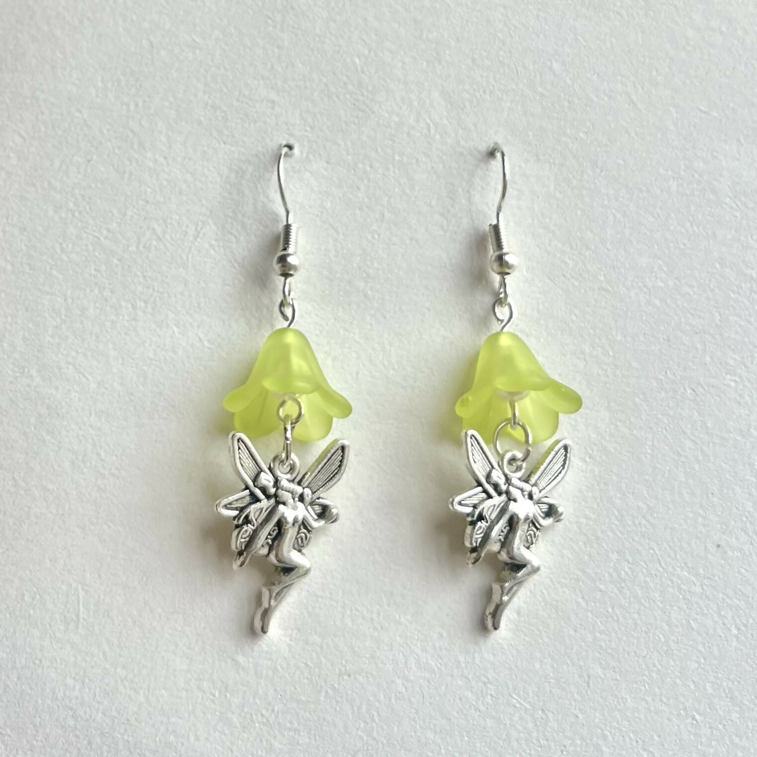 Green Flower Fairy Charm Earrings Silver