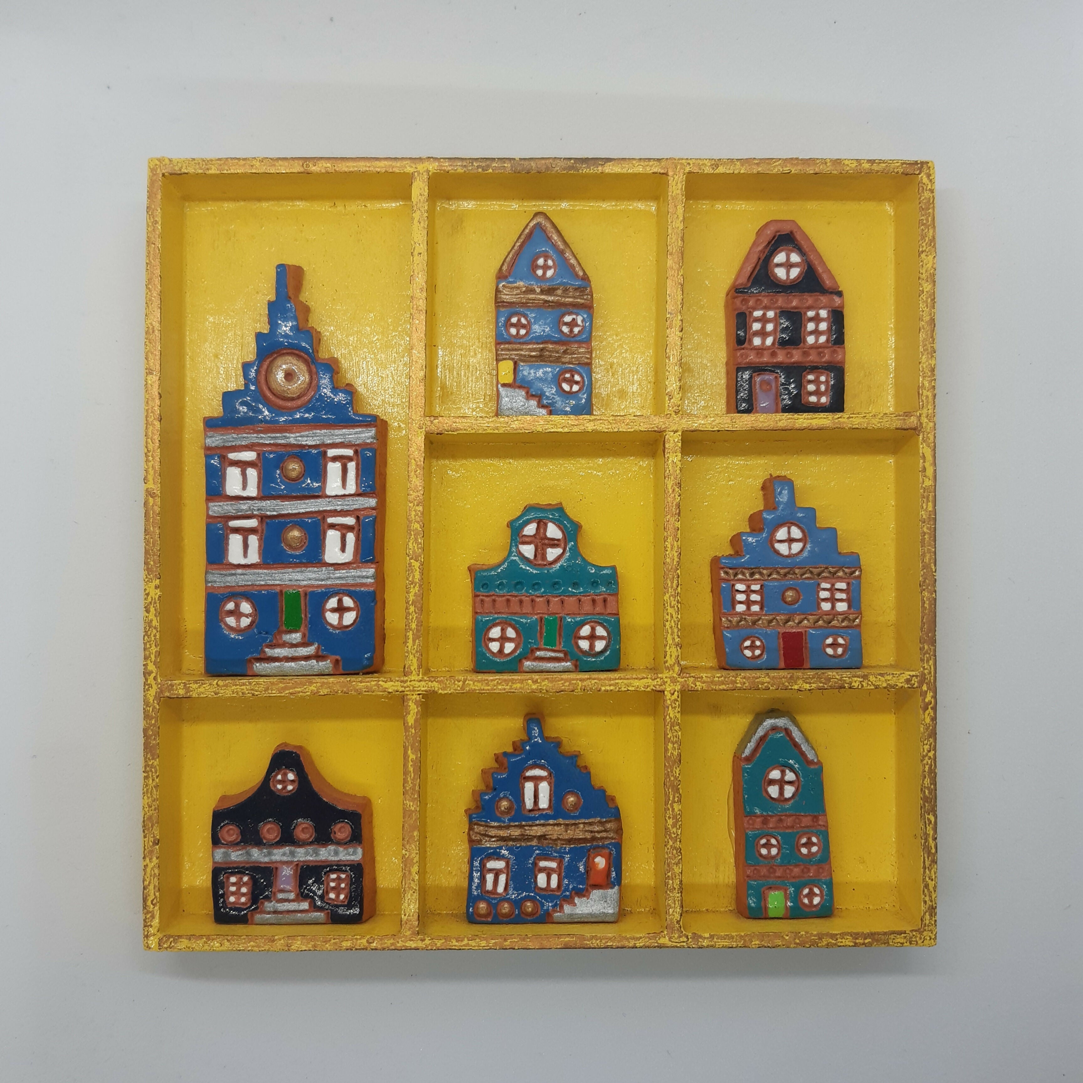 Clay Blue Painted Dutch Houses in Wooden Yellow Trinket Tray