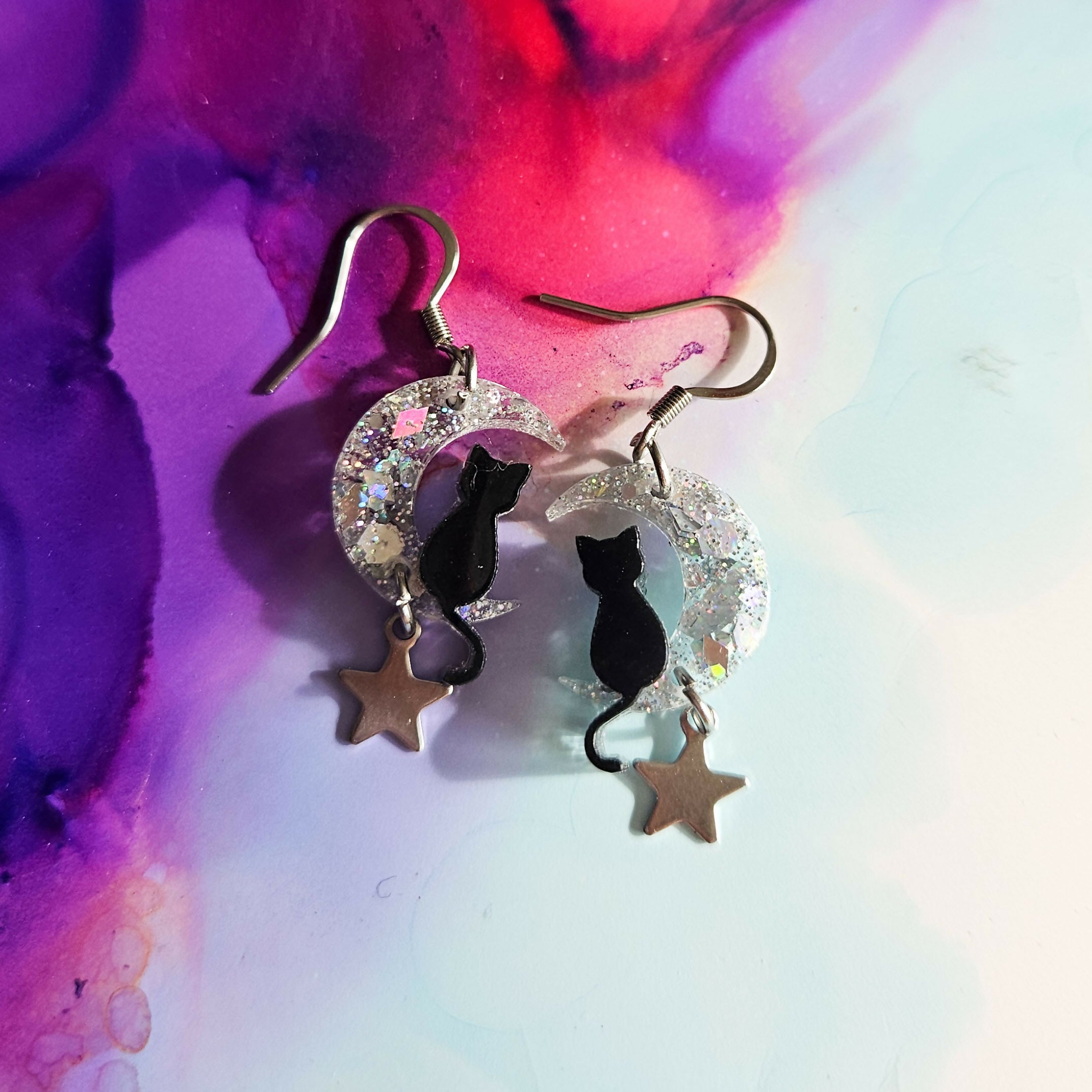 Handmade Cat On The Moon Resin Earrings